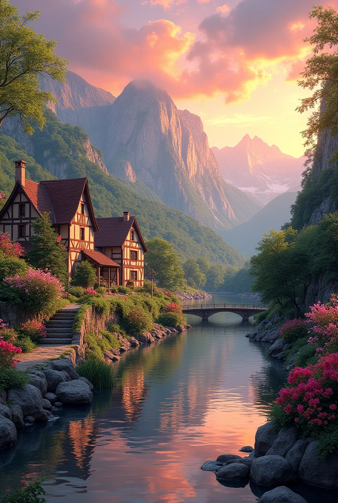 A small village by the river, mountains in the background, colorful flowers, detailed landscape style, beautiful natural scenery, atmospheric lighting,  scorching sunset ,  warm colors, practical, photographic, detailed foliage, complex buildings , cobblestone street, charming country house, vibrant colors, lush vegetation, reflections in the water, pitoresco, idyllic, work of art, Best Quality, 8k, extremely detailed, anime style