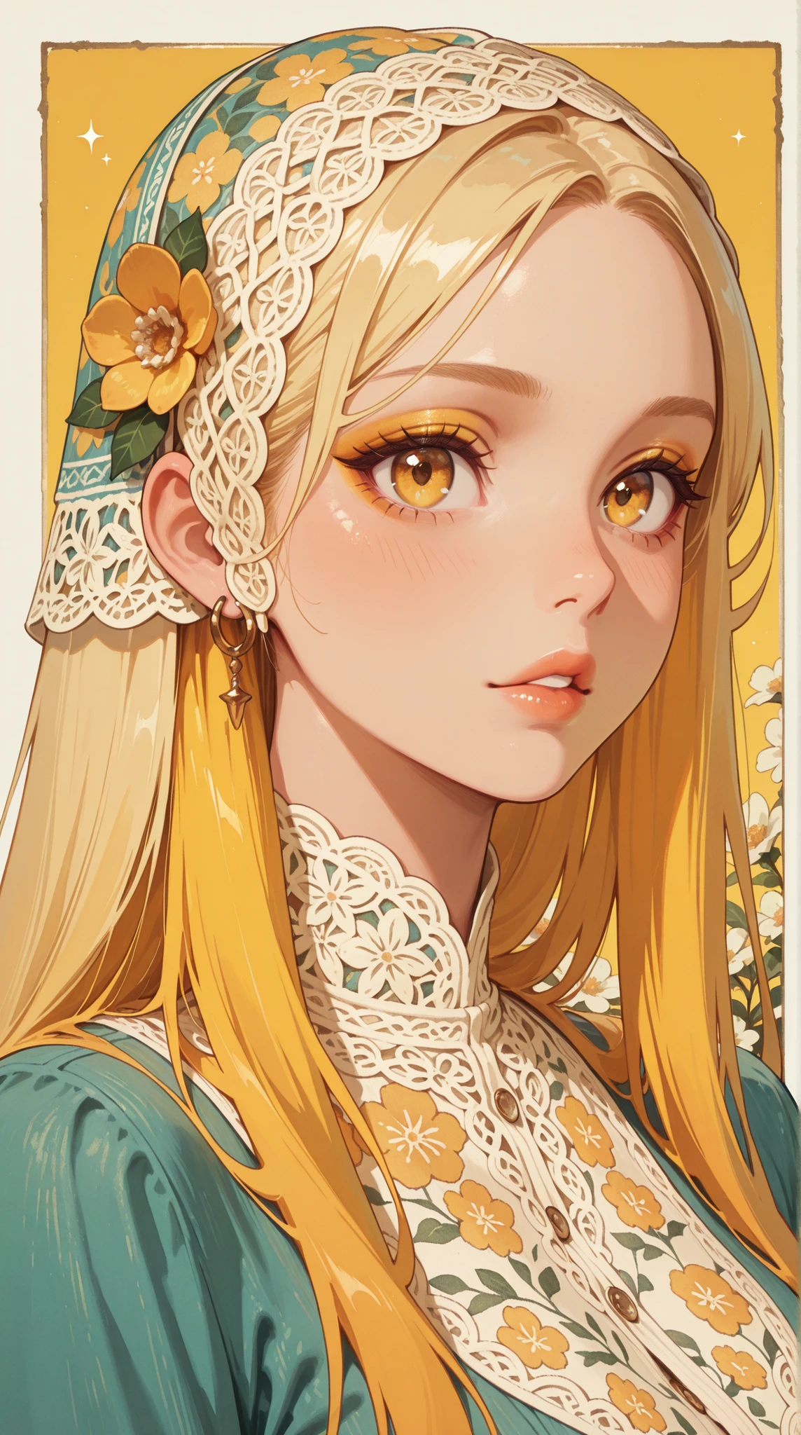 A vibrant, stylized portrait of a blonde woman, reminiscent of 1960s/70s fashion illustration, with a yellow backdrop, featuring intricate floral patterns and a patterned head wrap. The piece should utilize a painterly, textured style with bold colors and expressive details, focusing on a warm, vibrant yellow color palette, with pops of teal and muted pinks., ultra-detailed, intricate details,masterpiece, best quality, amazing quality, hyper-detailed, newest, very aesthetic