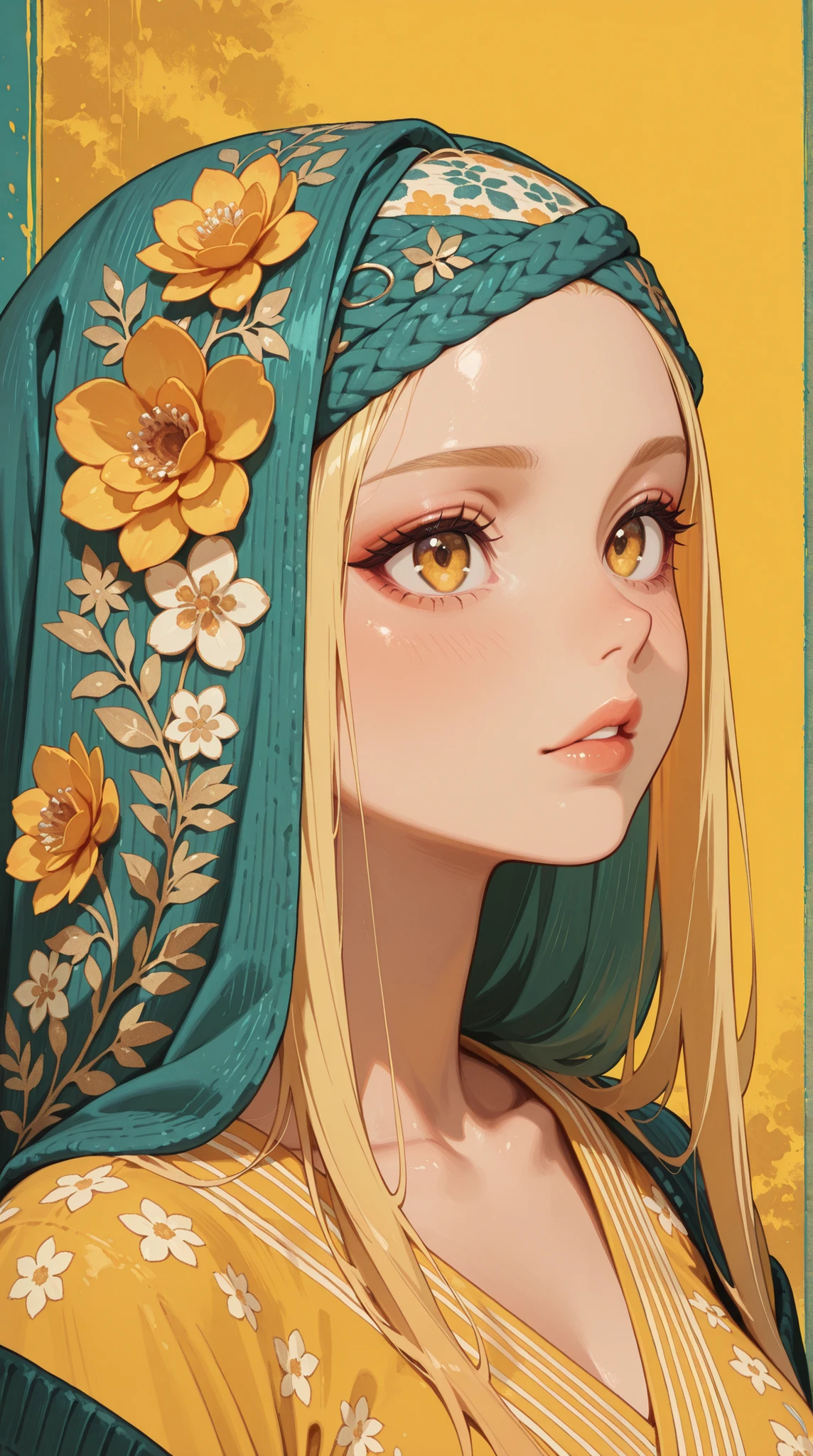A vibrant, stylized portrait of a blonde woman, reminiscent of 1960s/70s fashion illustration, with a yellow backdrop, featuring intricate floral patterns and a patterned head wrap.  The piece should utilize a painterly, textured style with bold colors and expressive details, focusing on a warm, vibrant yellow color palette, with pops of teal and muted pinks., ultra-detailed, intricate details,masterpiece, best quality, amazing quality, hyper-detailed, newest, very aesthetic 
