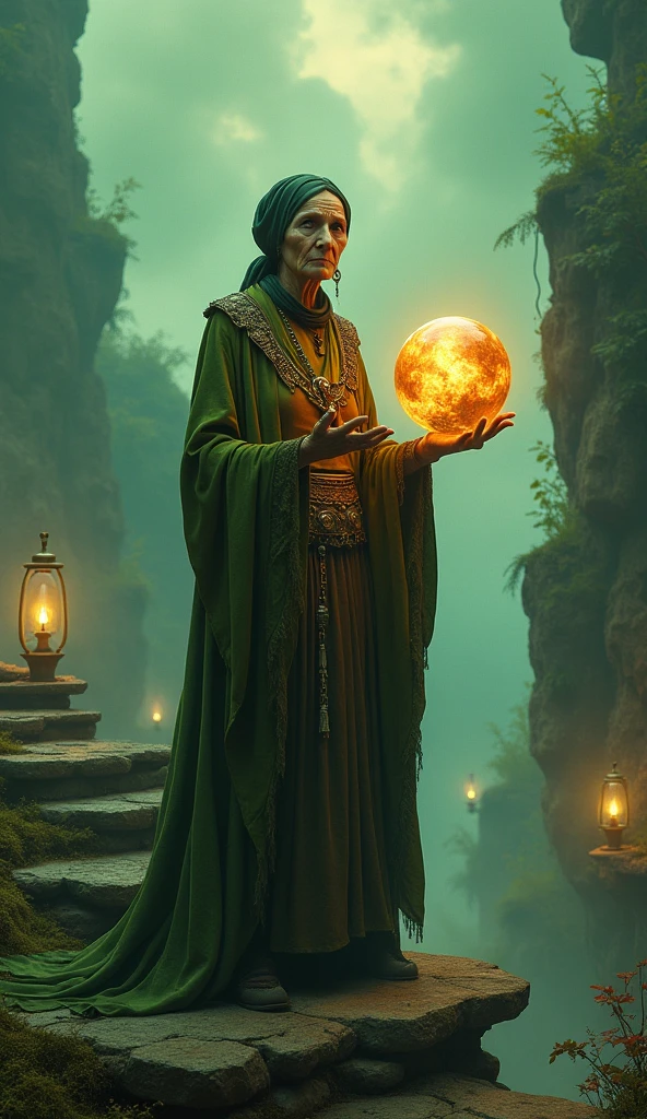 An old fortune teller with deep wrinkles and wise, intense eyes stands alone in a surreal, dreamlike environment. She holds a large, glowing crystal ball with swirling colors—moss green, amber, and soft gold—in her aged, bony hands. Her flowing robes are rich moss green and deep earthy brown, adorned with antique bronze jewelry and a dark olive green headscarf. She stands on floating stone steps that twist into the misty air, surrounded by hovering rocks covered in glowing moss. Bioluminescent plants grow from cracks in the stones, and strange floating lanterns flicker in warm amber light. The sky is a swirl of emerald fog and golden clouds, casting ethereal shadows. The atmosphere is magical, ancient, and otherworldly—cinematic fantasy style with surreal, high-contrast realistic details.
