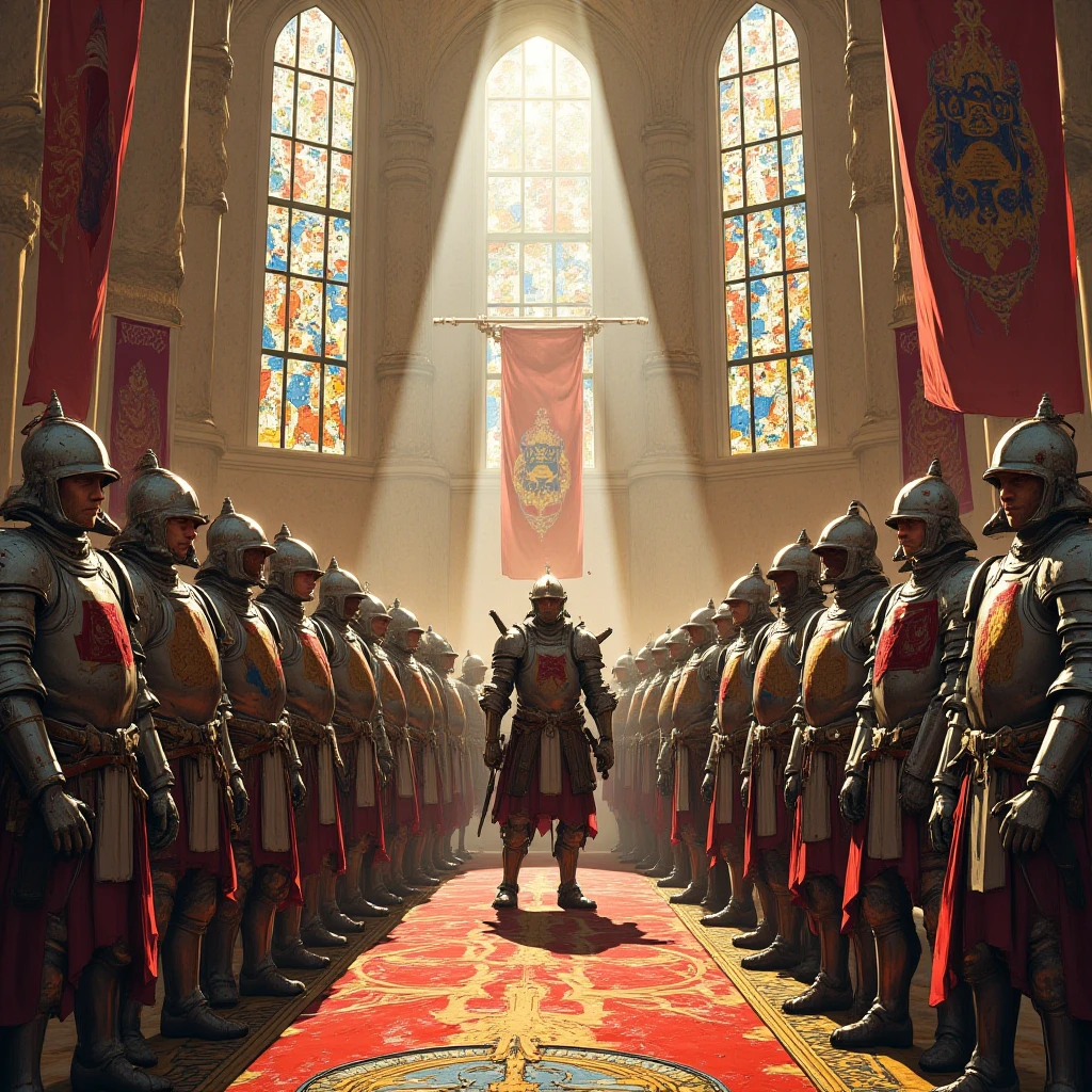 Generate a photograph of a meeting of a brotherhood of male and female Templar warriors where there are women and men, of all races
