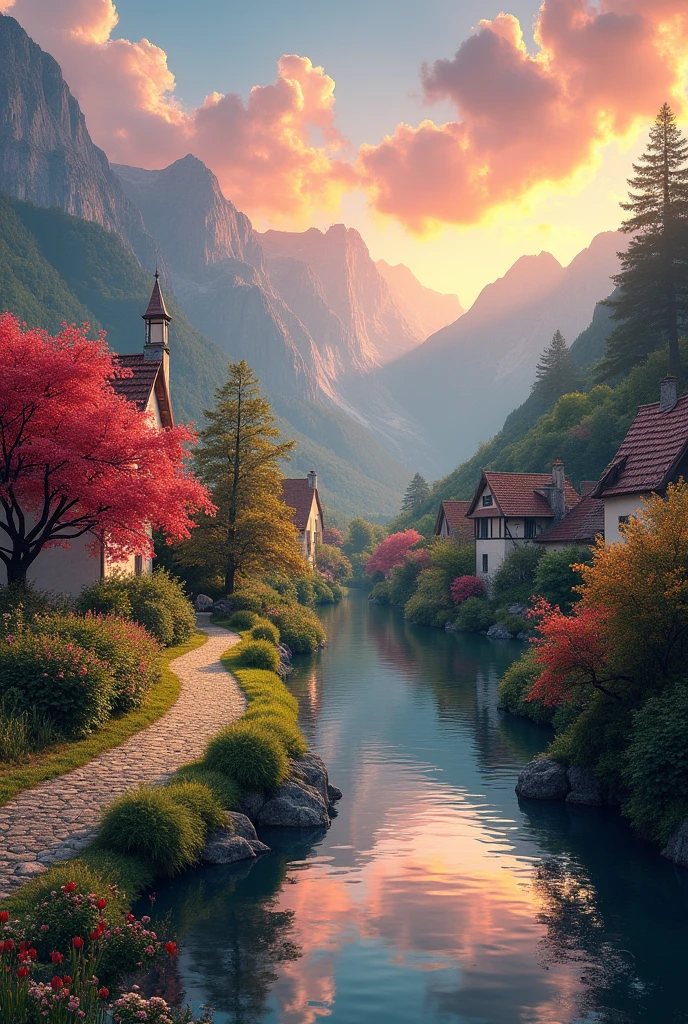 a small village by the river, mountains in the background, fleurs florales colorées,  detailed landscape , Beaux paysages naturels, atmospheric lighting, coucher de soleil brûlant, warm colors, pratique, photorealistic, Detailed foliage ,  complex buildings, Cobblestone street, Charming country house, bright swirling colors, lush vegetation,  Reflections of still water, Pittoresque, idyllique,  work of art, best quality, 8k, extremely detailed, style anime.