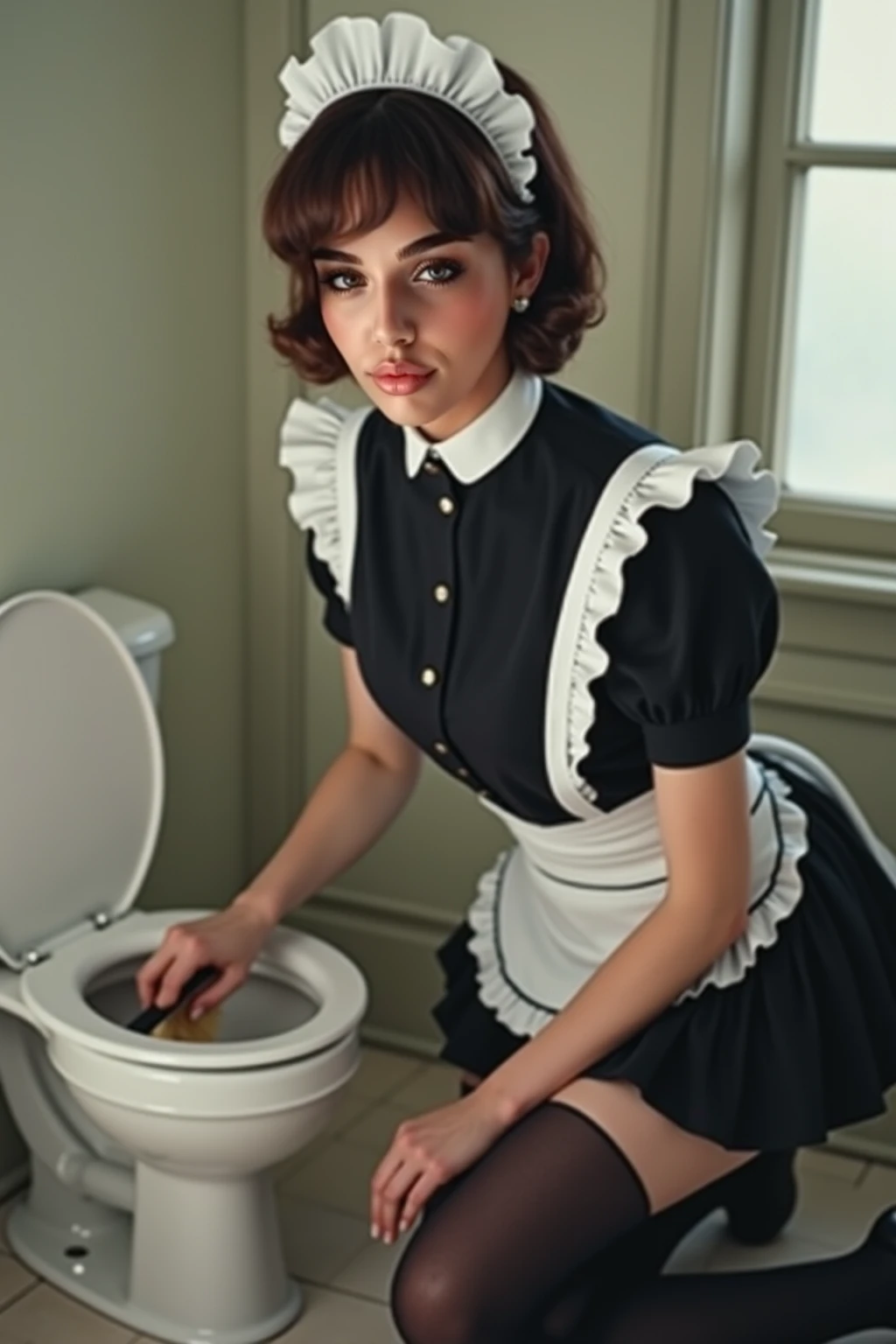 Half naked Tia is shown to have a fairly slender figure. She has white-grey hair , she has short hair and large pale green eyes, pee all over body, urine, whole body is wet, toilet, cleaning urinal, kneeling, sponge, dirty, pee, garbage, masterpiece, best quality, very detailed, maid clothes, all over body, yogurt all over body