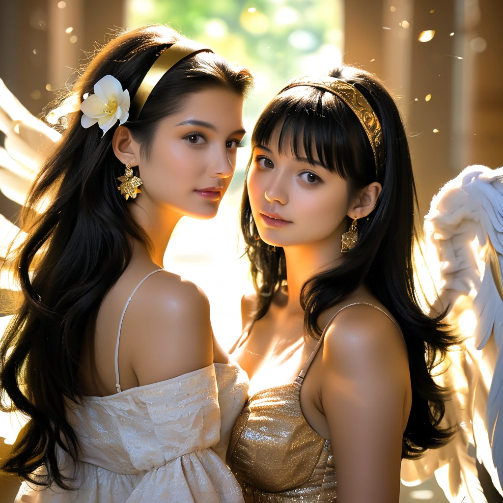 jombria,  Angel Wings, beautiful woman, (photorealistic),  backlit , Fundo preto, black vestir, Black Shezfe , black hair, sorrir, tiro de cowboy, vestir, brincos, shiny hair, shezfe, gold earrings, gold hair band,  hair flower , hair ornament, ((hair band)), joalheria, light particles, long hair,  viewer of looking at , off-the-shoulder vestir, ???? shoulder, petals, Rocha lateral, Sozinho, espinho, beautiful dress, double-sided fabric, ((obra-prima))  