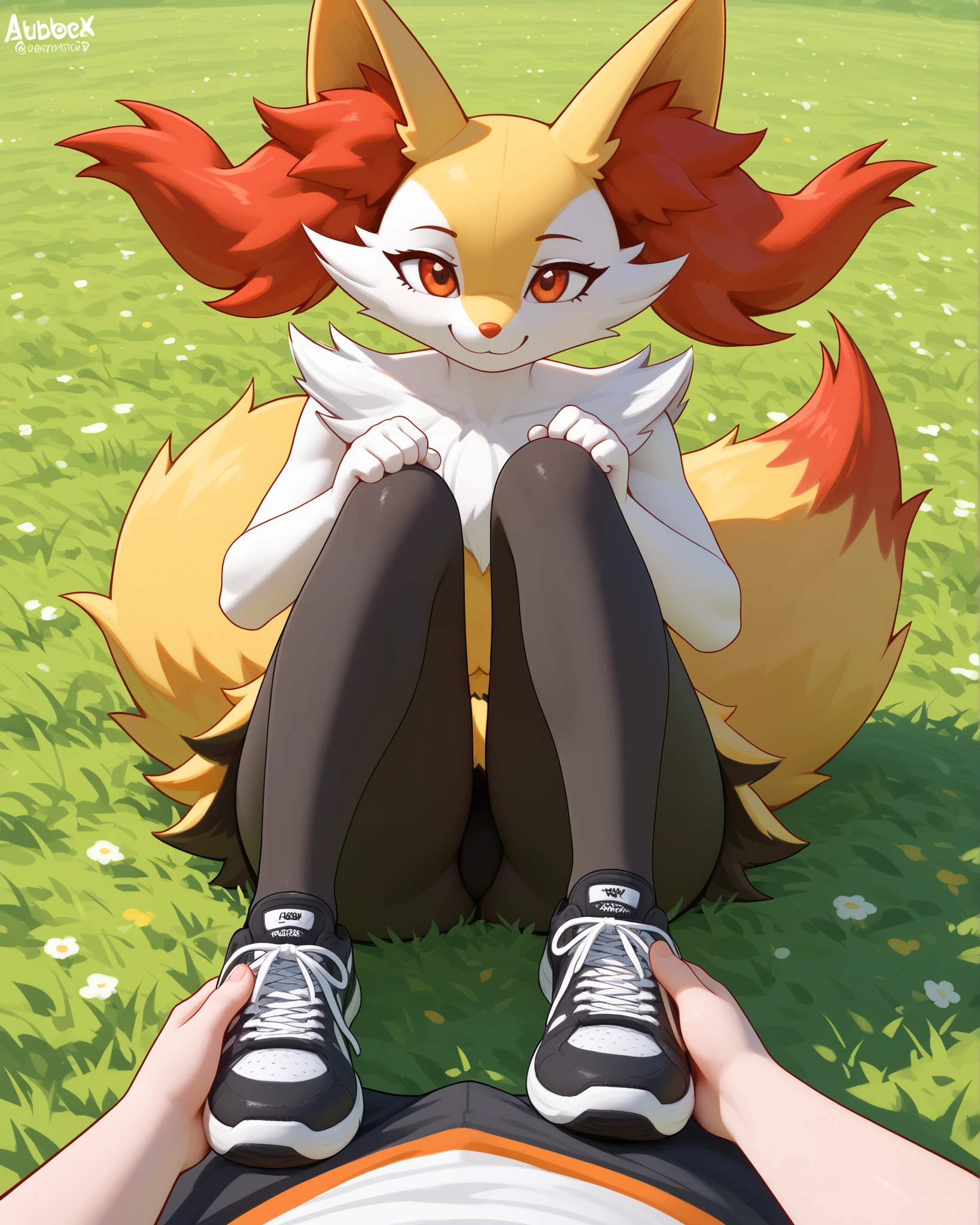 alone, score_9,score_8_up,score_7_up, anthro female braixen, POV, field, streching herself, exercising, smiling, rubor, black leggins, thicc thighs, full body, smile, sneakers on feet, 3D