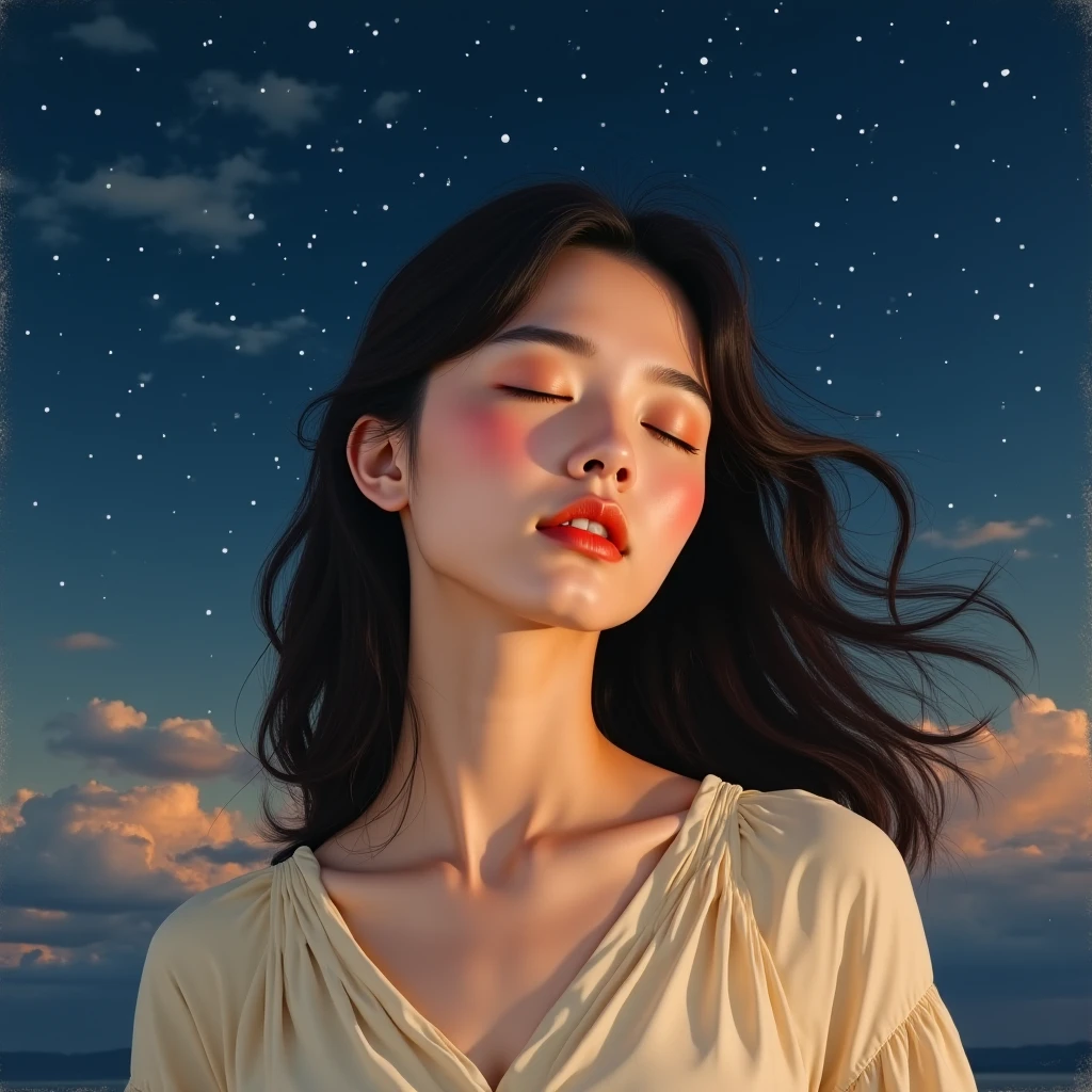 A realistic yet subtly impressionistic painting features a young East Asian woman in her early twenties, her eyes closed in peaceful repose, her dark, wavy hair flowing gently around her shoulders. Bathed in soft light that highlights her delicate features and warm skin, she wears a simple cream blouse, contrasted against a richly colored night sky filled with swirling clouds and scattered stars, creating a serene and harmonious balance of warm and cool hues. The atmosphere feels dreamy and melancholic, in the style of a ballad.