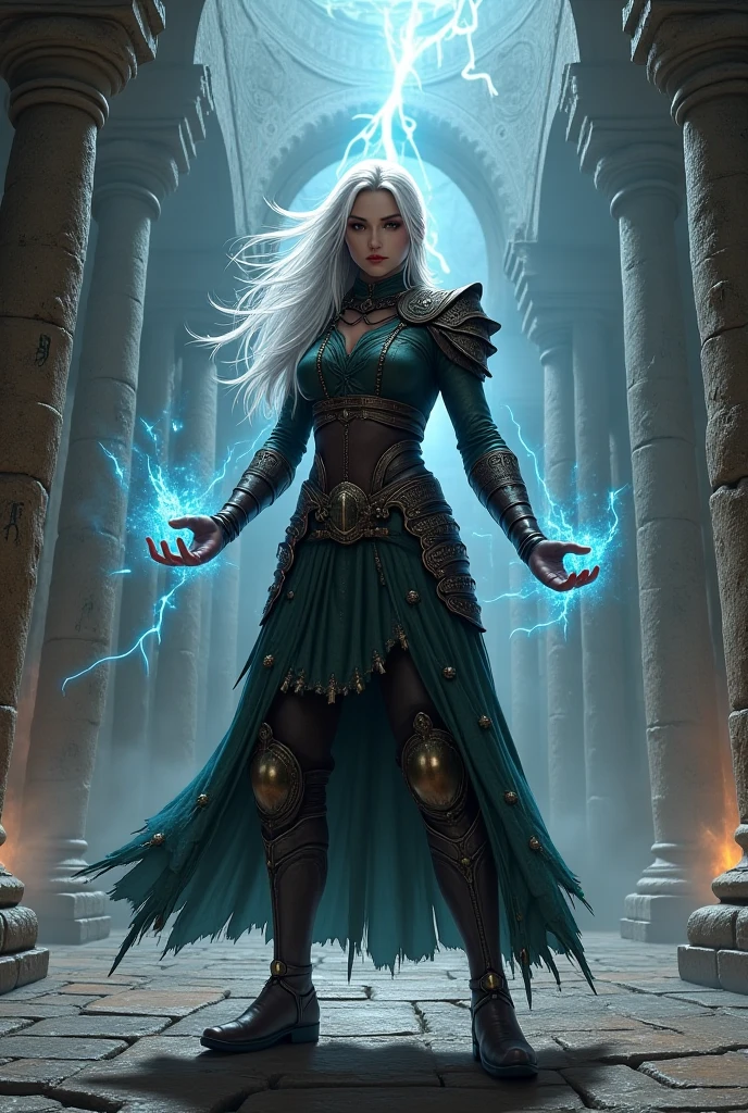 A mystical warrior woman with long cascading silver hair, glistening emerald green eyes, and black leather with deep neckline, her left hand holds a glowing orb and her right hand holds a shimmering silver long sword, standing in rain of fire