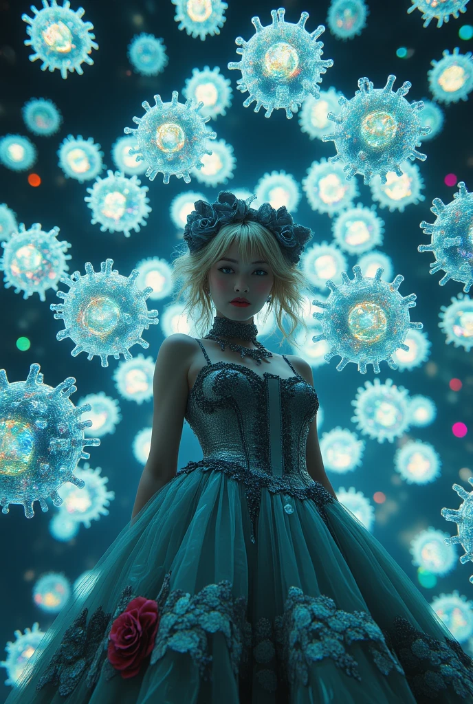 (The most amazing scene ever created:1.0), (Fantasy art:1.0), (Masterpiece:1.0), (Best Quality:1.0), (amazing quality:1.0), (sharpest focus:1.0), (Ultra-realistic Photo:1.0), (Ultra-precise Photo:1.0), 
(Depth of field:1.0), (super fine:1.0), (16k:1.0), (incredibly absurdres:1.0), (extremely detailed:1.0), (delicate and dynamic:1.0), (very aesthetic:1.0), (absurdres:1.0), (beautiful face and eye:1.2), (perfect :1.2), 
1girl, Gothic Lolita dress, Excessive amounts of lace and frills, Parasol, Countless  glass viruses shimmering and drifting, Numerous glass viruses that flicker with the shimmering of seven colors of extreme colors, 
(The virus of glass in the most beautiful and shining shape by optical theory and mathematics, such as reflection and refractive index), (Glass viruses with a three-dimensional, multilayered feel), 
Exquisite light reflecting diffusely and intricately in the glass, A myriad of seven extremely colored shimmering colors, flickering in the  glass, 
Beautiful countless 7-color flashing lights, The theme of the space is seven shimmering colors of light, and you can feel the endless depth of the space, 
Vibrant colors, Mystical beauty, Fantastic beauty, unimaginable beauty, beauty beyond imagination, Overwhelmingly written images, 