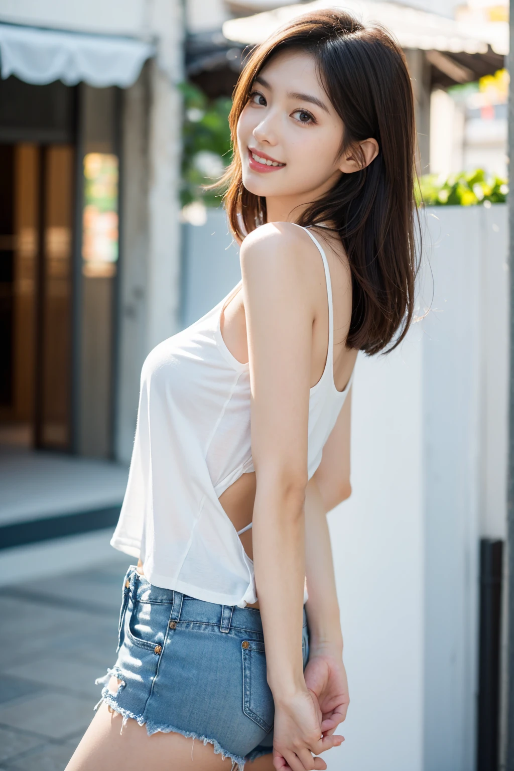 (8k, RAW photo, best quality, masterpiece:1.2), (realistic, photo-realistic:1.4), (extremely detailed 8k wallpaper), Japanese 20 age woman,We arrived at the meeting place for our date. she had a very happy smilemShe looks like she's going on a date wearing a camisole and miniskirt.bob hair
