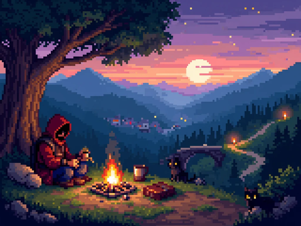 Widescreen pixel art landscape, dusk lighting, nostalgic RPG ambiance
Scene: A traveler’s campsite under the ancient oak, overlooking a quiet valley
Foreground:

The hooded traveler stirs a small crackling campfire, its glow warming their cloak.

A leather-bound journal, inkwell, and a steaming mug sit beside them.

The black cat now perches on a mossy log, watching the flames.
Midground:

A winding dirt path leads to a distant village with glowing lanterns.

A stone bridge arches over a gentle stream, fireflies hovering above the water.
Background:

Rolling misty hills under a twilight sky (purple/orange gradient).

A large moon rises, casting silver light on the scene.
Text Space: Keep the top 1/3 lighter for your channel name/tagline.

Mood: Peaceful, adventurous, nostalgic
Color Palette: Twilight blues, warm firelight oranges, earthy greens