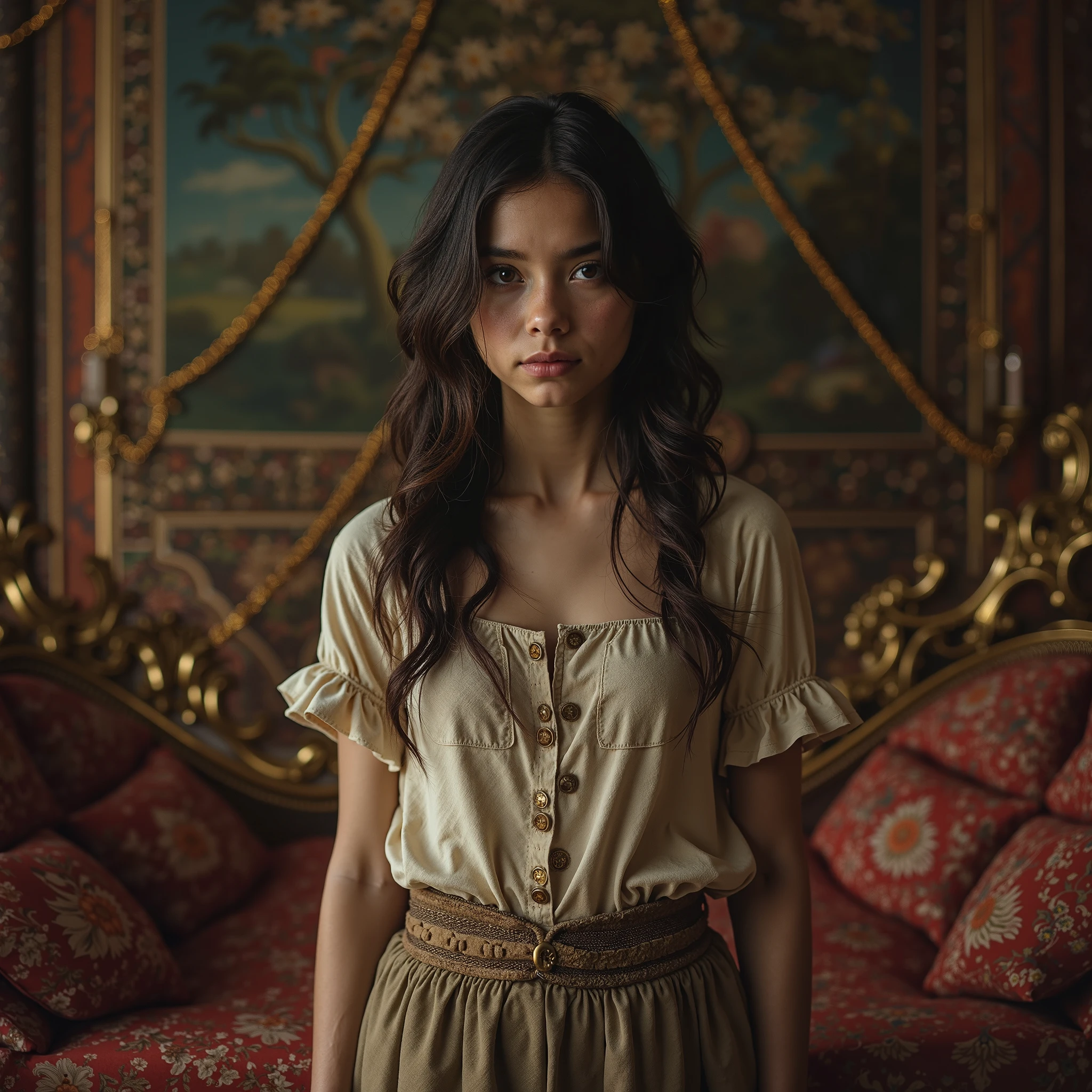 Realistic photo, pretty girl in poor clothes, richly furnished room in the background