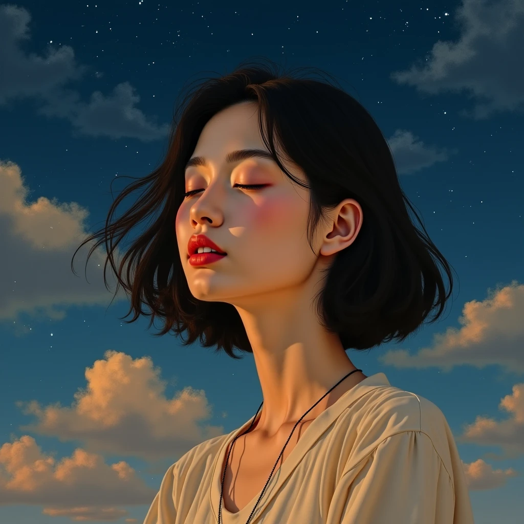 ภาพเหมือนจริง​ A realistic yet subtly impressionistic painting features a young East Asian woman in her early twenties, her eyes closed in peaceful repose, her dark, wavy hair flowing gently around her shoulders. Bathed in soft light that highlights her delicate features and warm skin, she wears a simple cream blouse, contrasted against a richly colored night sky filled with swirling clouds and scattered stars, creating a serene and harmonious balance of warm and cool hues. The atmosphere feels dreamy and melancholic, in the style of a ballad.