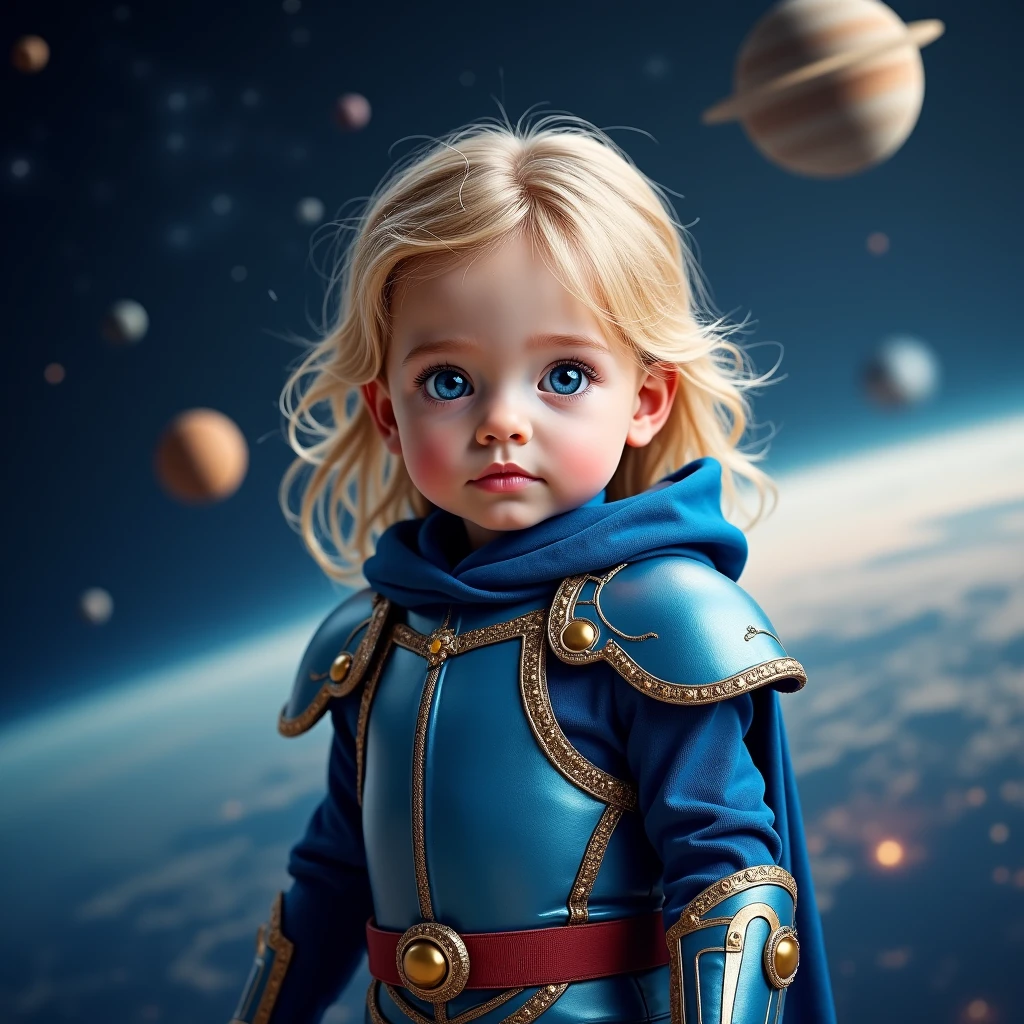 Un bébé fille  en armure de chevalier  bleu se tient dans l'espace avec des comètes éclatantes derrière elle, elle a les cheveux long et blond, elle est vraiment petite et l'armure a l'air trop grande pour elle, comme un bébé et les yeux bleu , portrait détaillé, corps puissant, posture fière, hyperréaliste, 8k, hdr, studio lighting, ultra-fine painting, sharp focus, physically-based rendering, extreme detail, professional, vivid colors