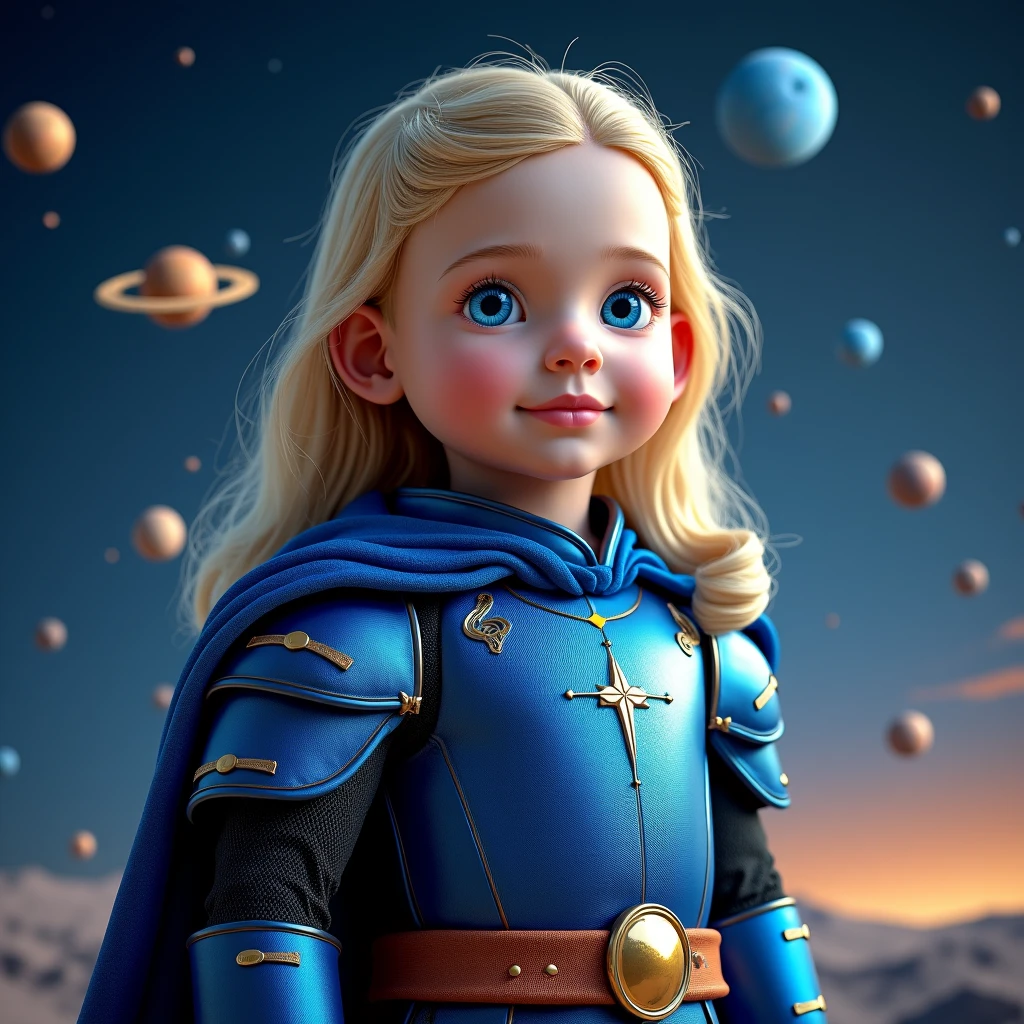 Children of Zeus in Greek Mythology,whole body,blonde,smile, biceps,Little,Round form, blue eyes, Viewer Perspective, milky way, Wear blue armor No_The human,