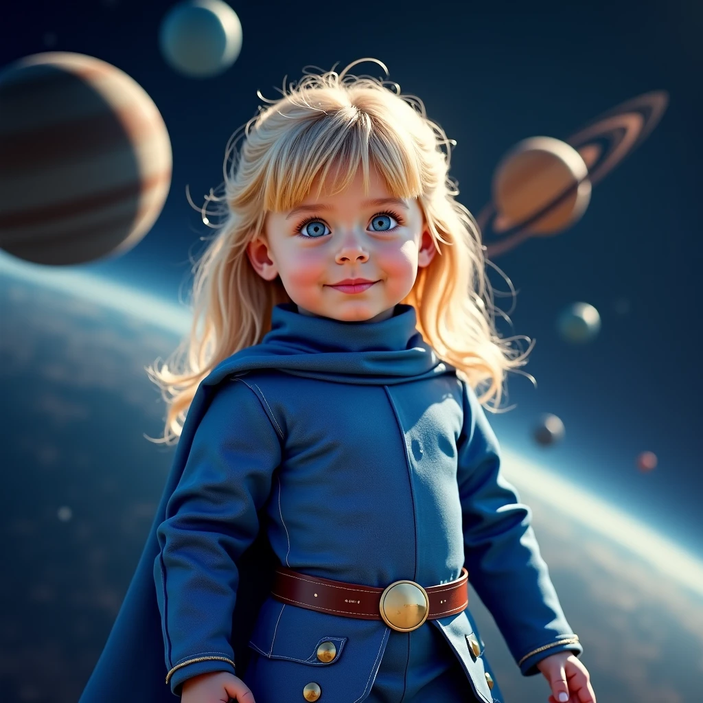 em frente a uma luz azul, beautiful girl RUSSIAN CHILD BLONDE HAIR hairbun, olhos brilhantes, olhos perfeitos, 10 anos. numa superficie lunar, com roupa de astronauta