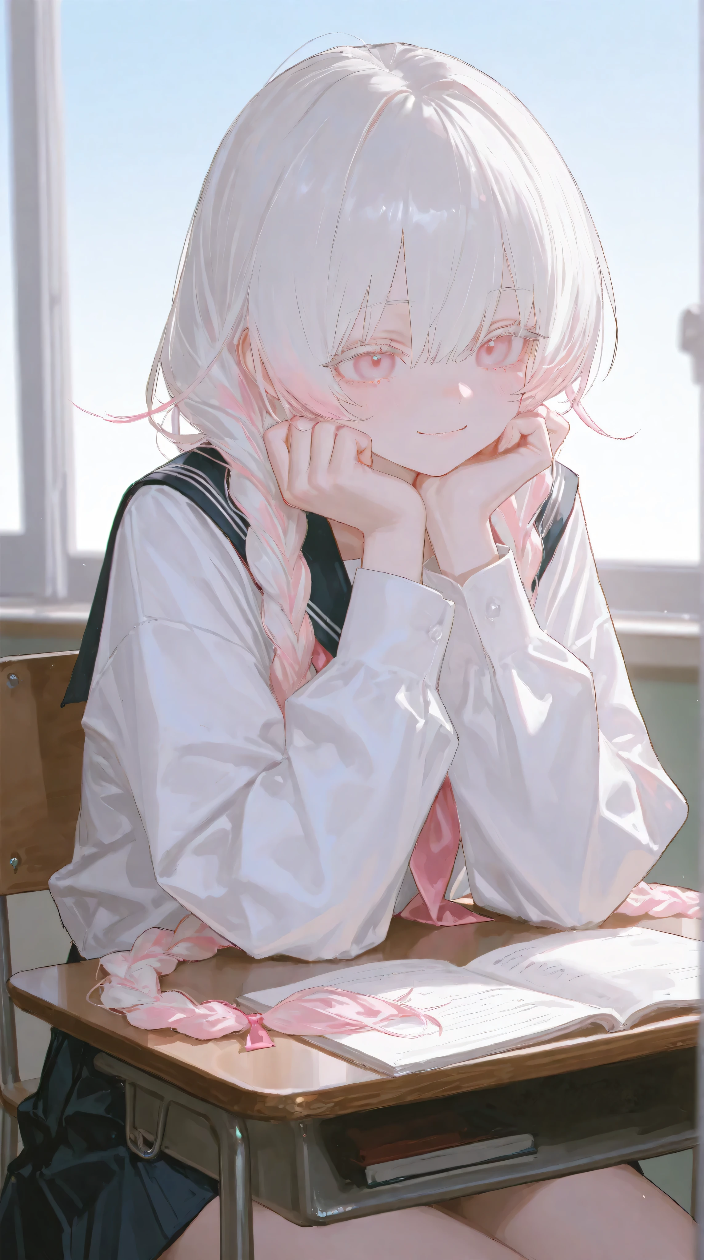 1 girl, girl, Light pink eyes, White hair, Very long low double twist braid with white and pink double dyed, gradient hair,Very long low double twist braid,Light pink eyes, white eyelash ,Wearing white JK,Reoen of the Sexes , school uniforms, long hair, depth of field, Movie, masterpiece, Best Quality, High quality, newest, Classroom, sky, Smile,