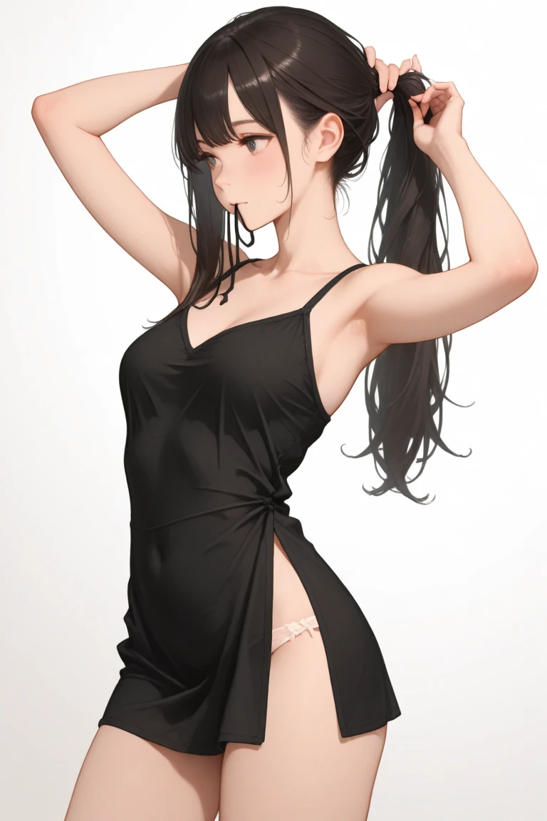 ((masterpiece, best quality)),((high resolution:1.3)), 1 Girl, solo, Cowboy Shot, Blurred Background, silky hair, (((Small breasts:1.3))), Thighs, (mini dress), ((show underwear)), ((dress lift))
