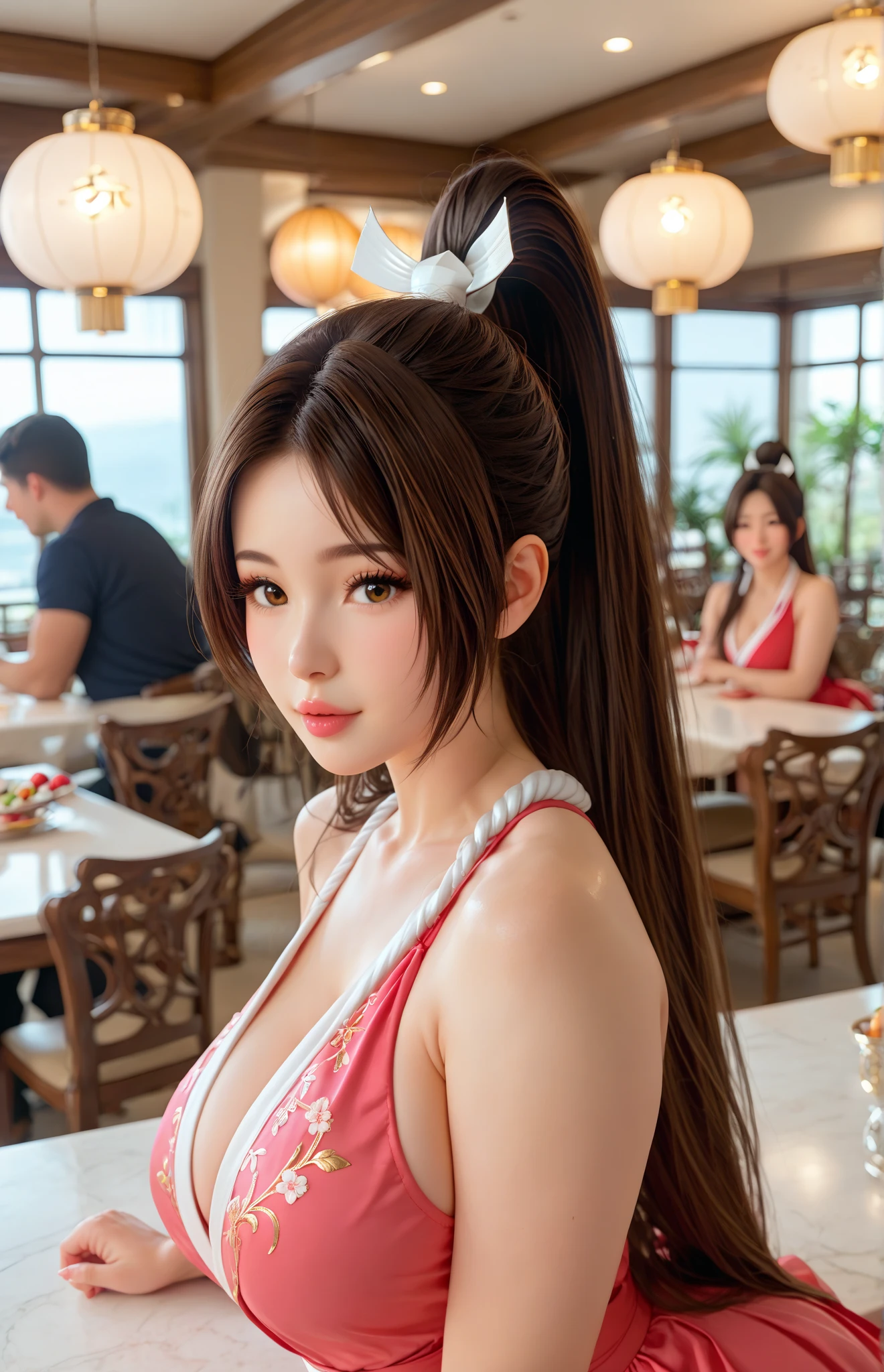 (best quality, masterpiece:1.2), (Blue Background:1.3), (Fractal Art:1.1), (Tangled:1.2), (Huge breasts:1.2), Practical, , Huge breasts, Huge breasts臀部, only, Leg length, Thick thighs, White skin, blush, greasy, Porcelain skin, Purple jumpsuit, Brown hair, (Long gray hair:1.2), big eyes, Double eyelids, Beautiful woman, 微Smilingly, eyelash, Very rich facial details, Put your arms behind your head, kneel, , Japanese Goddess, Japanese actress, Japanese Models, (Many colors:1.4), (Ear nipple rings), (Sweets and snacks:1.2), (Cupcakes:1.2), (biscuit:1.2), ( cream:1.2), (Those fruits;1.2), baby doll, (Colorful:1.1), (Rainbow Colors:1.2),Having fun,Smilingly,open mouth,Ear nipple rings,necklace,Huge breasts,Kneel down,Large Breasts,Fantasy Background,ponytail, red outfits,prostitute, 1 girl