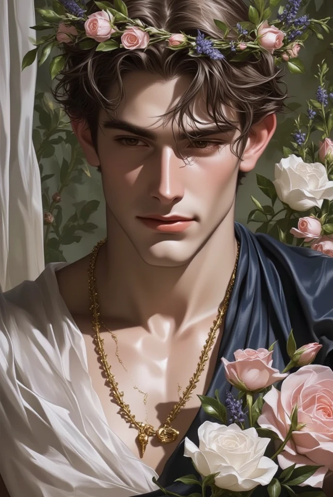 Ancient Greek style, Greek art, an oil paint painting on canvas , of a young Greek man of angelic beauty equal to the Greek gods, oval face, defined jaw, voluminous wavy brown hair loose on his head with a garland of olive trees and lavender , thin athletic and voluptuous body , ele esta inclinado para cima das flores sensualmente looking forward with a sensual and captivating at an altar white marble branco tinged with gold; next to him a small pillow holding engagement rings and around him bouquets of roses and lady of the night , papers in white , flowing fabrics and rose petals on the floor; he is wearing fine gold waist and shoulder ornaments. Gold bracelets, a light reflected , his pose is stripped. Sensual and potent, an attractive, seductive look , his short thin, translucent dark blue robes and flowing, transparent rose showing off her messy and shapely legs, in the background of it vestiges of a wedding ceremony , tall shrubs, thin waist and round bust , covering half of his body , looking forward , almost realistic painting , detailed