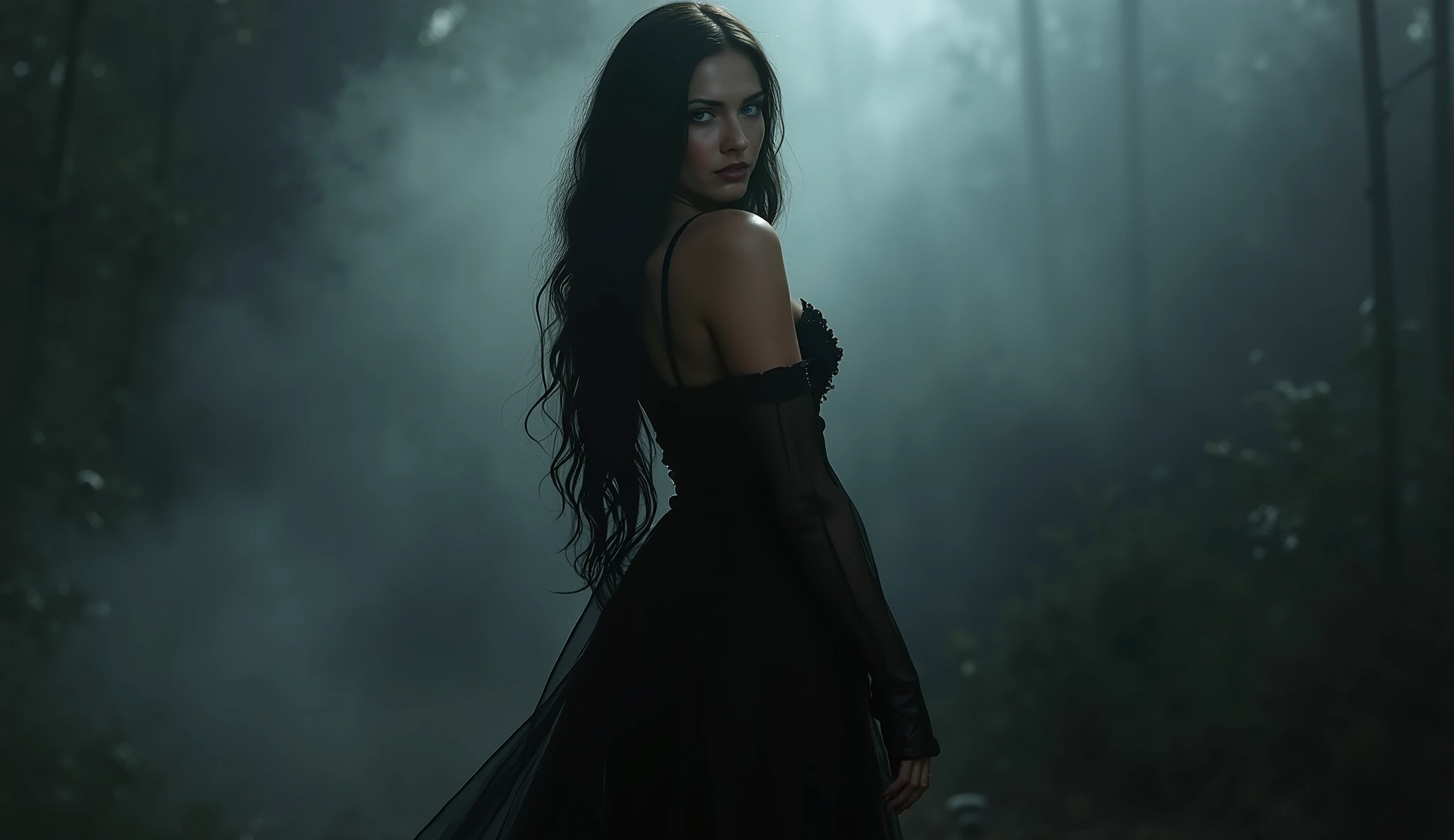 gothic woman, hourglass figure, sheer flowing black dress, glowing skin, long dark hair, walking slowly from mist, seductive expression, high contrast light, 16:9
