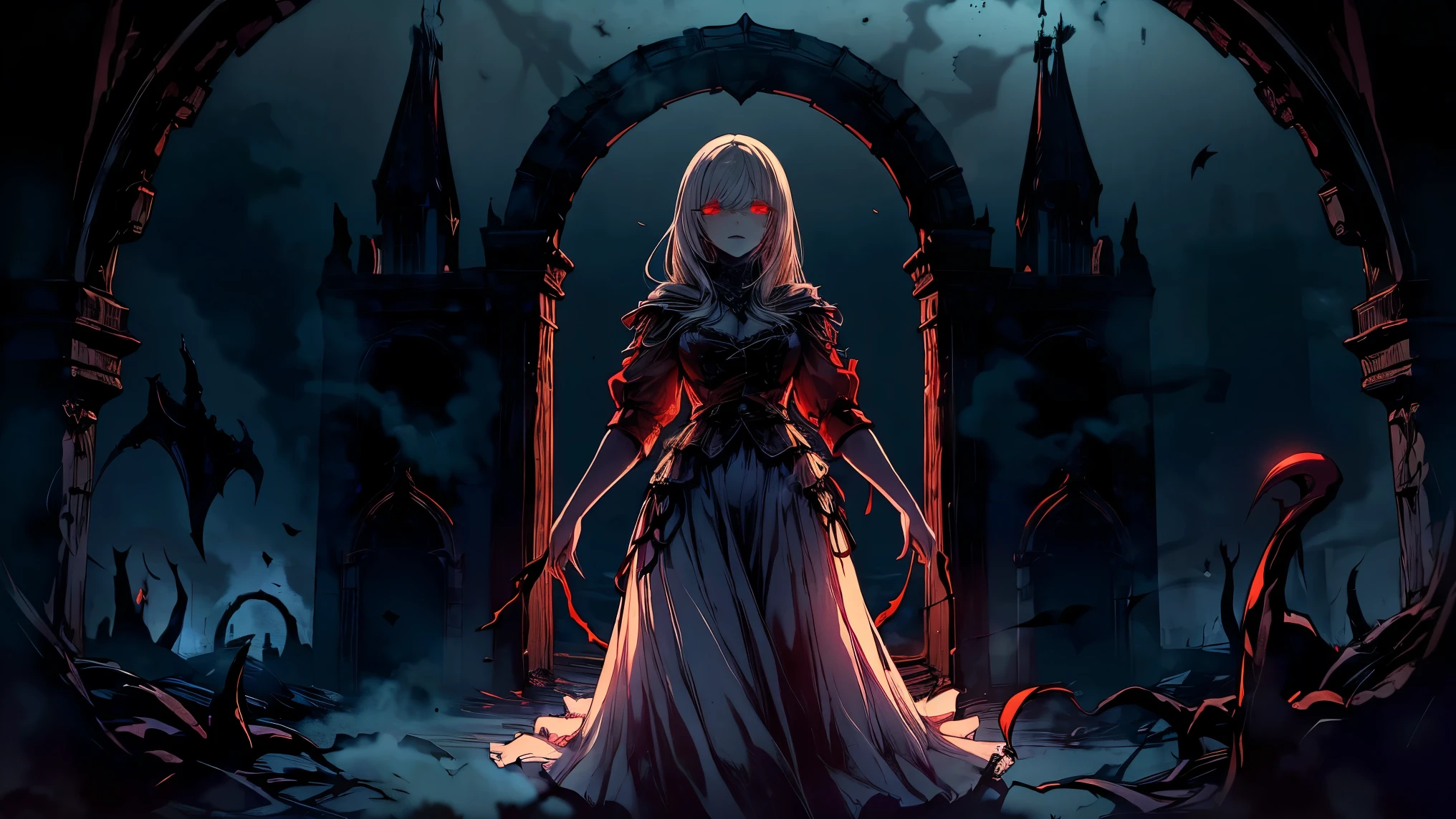 masterpiece, best quality, seductive demon woman watching from shadows, pale skin, white hair, red eyes glowing faintly, gothic ruins and swirling portal in the background, dark fog, emotional silence, cinematic lighting, 4k resolution