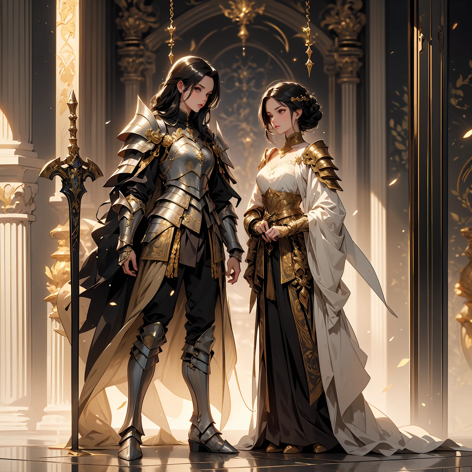 (((masterpiece, best quality, high detailed, 16k))) (1girl) A regal female warrior with sleek, black hair tied into an elegant braid. Her armor is a perfect balance of gold and silver, with scales of justice adorning her chestplate and shoulders. She wields a pair of gleaming swords, each representing balance and justice. She stands in a grand hall of marble and gold, the scales of justice hanging above her, as she enforces balance with unwavering resolve.

((full body front view)), (extremely detailed:1.5)
