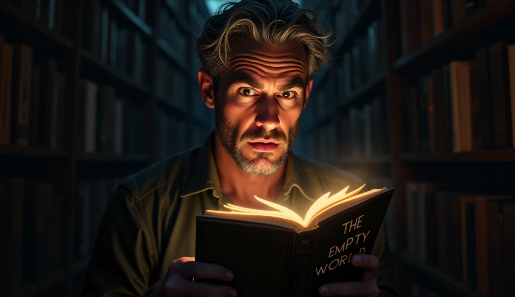 "Create a high-resolution digital painting of Jordan Peterson with a shocked expression, illuminated by dramatic side lighting. He is holding a glowing book labeled 'The Empty World' in a dark, atmospheric library with soft shadows. Emphasize the intensity on his face and the mystical glow of the book, ensuring a cinematic and detailed composition."