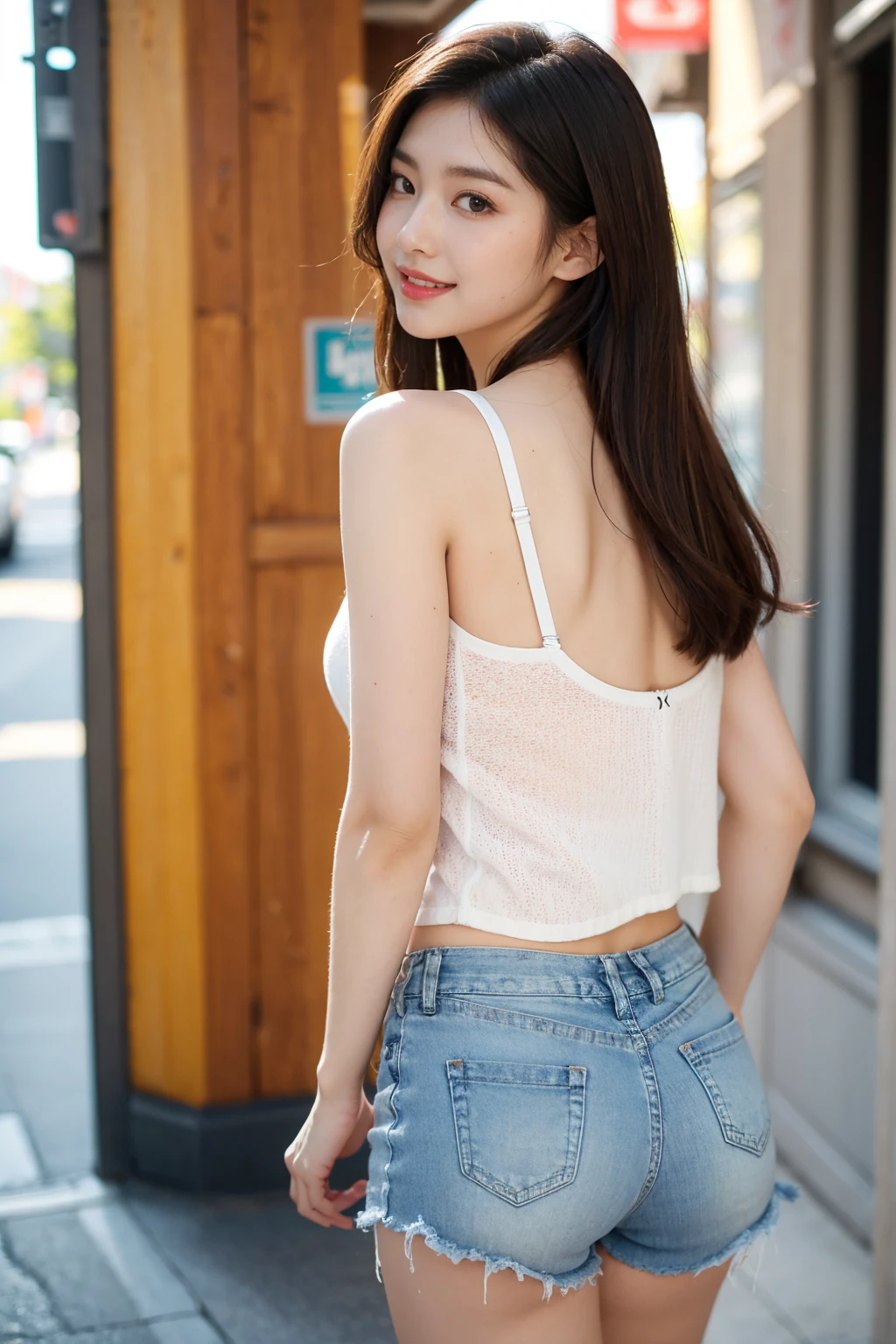 (8k,RAW photo、RAW photo、highest quality、master masterpiece:1.2)、1girl、1middle aged male、Super detailed、super resolution、(Photoreal:1.3)、((shot from behind:1.4))、((shot from below)),((cowboy shot:1.4))、Clearly depicts the shadows of light、High resolution RAW color photos、professional photos、(((Inside the store:1.4)))、I draw it faithfully to the anatomy..、very detailed and beautiful、super high quality、((girl with long hair:1.4))、((貴金属Inside the storeのショーケースの前に立っているgirl:1.4))、((White collar short sleeve off shoulder shirt(no strap):1.4))、((white short sleeve off shoulder cotton shirt:1.4))、((Denim skirt that highlights your thighs:1.4))、Upper body、((ポシェットを肩に掛けているgirl:1.4))、((smile:1.4))、