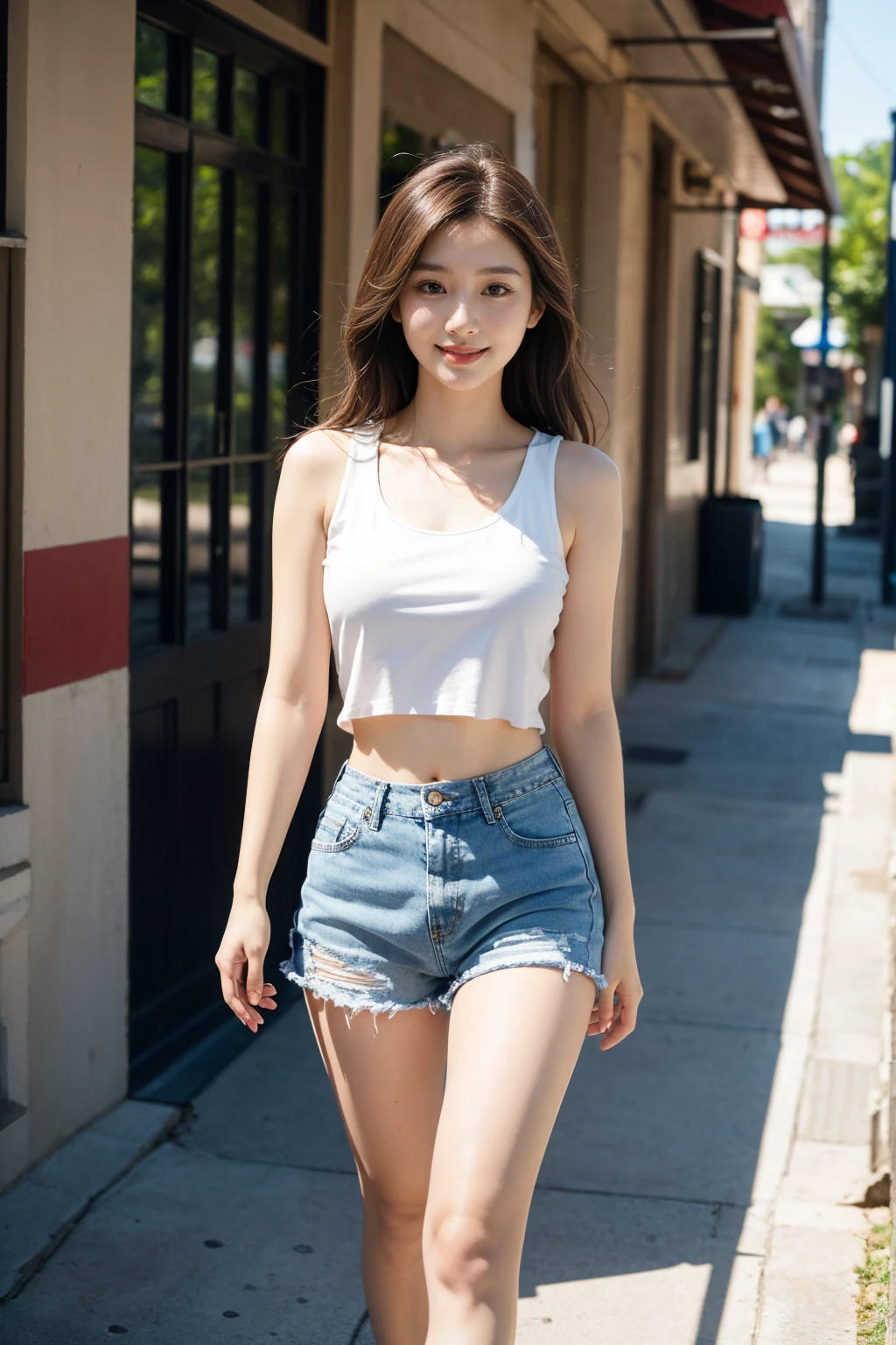 A very cute girl, solo, young, wearing tank top and short pants, big breasts, white and smooth skin, standing, full body, long hairs, red lip, at garden, realistic face