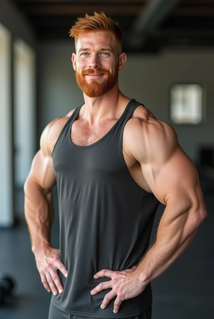 ginger daddy, (1boy), (soft smile), tan skin, (natural daylight:1.3), flexing biceps, perfect biceps, round biceps, arm flexed, bicep flexing pose, (good face:1.5), (male model:1.3), dimly lit, dark studio, matured man with a beard, ginger, bodybuilder competition flexing poses, showing off biceps, (handsome:1.5), (beautiful:1.3), gorgeous, high quality face, ginger, extremely attractive