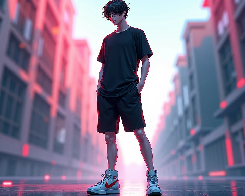 A man with wavy black hair short skinny very tall black shirt and black shorts below the knees and white high-top sneakers Nike Anime