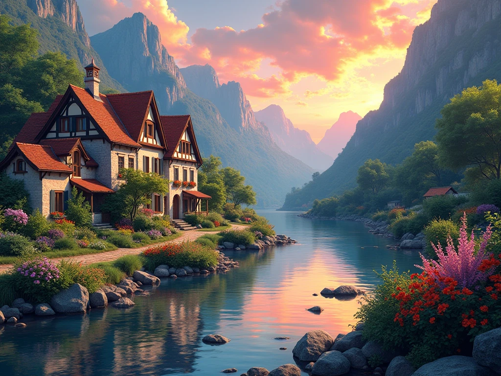 A small village by the river, mountains in the background, colorful flowers, detailed landscape style, beautiful natural scenery, atmospheric lighting,  scorching sunset ,  warm colors, practical, photographic, detailed foliage, complex buildings , cobblestone street, charming country house, vibrant colors, lush vegetation, reflections in the water, pitoresco, idyllic, work of art, Best Quality, 8k, extremely detailed, anime style