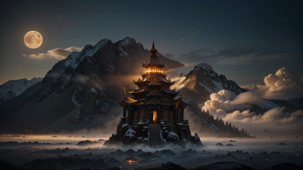 Oriental mythology style，A fusion of a nine-tailed fox and a dragon，A majestic mythical beast standing on top of a sea of clouds，orange fur covers the three heads，Crescent Moon Mark，golden bronze pupil，Fangs are exposed ，double spiral flame-like horn（Dark orange gradient），short and sharp，蓬松白毛混杂Orange red丝绦，long tail wrapped with tassel，Dark Blue鳞片铠甲（边缘Gilded纹饰），四肢布满Dark Blue斑点，five-finger dark claw，light gray clouds surging，ink wind mountain outline，An ancient temple in the mountainside with hidden lights If，rugged boulders coexist with Qiuqu Qingsong，traditional ink painting blends with modern fantasy art，surrealistic texture，High resolution 4K，dynamic light and shadow effect，Cool and warm tones collide（Orange red/Dark Blue/Gilded），The details are exquisite，Movie-quality rendering