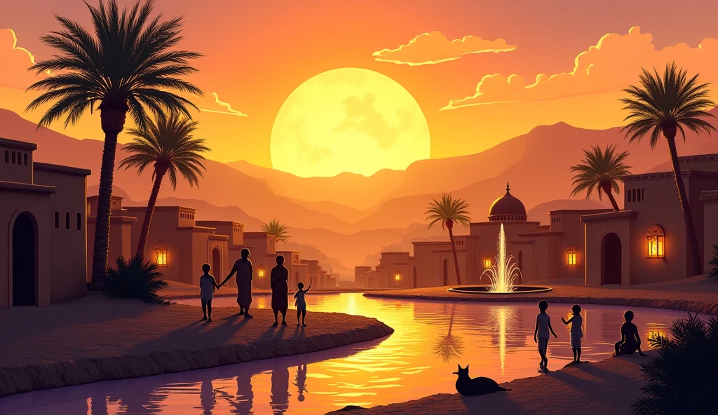Environment:** A serene village with clay and stone houses, palm trees swaying gently. The golden light of sunset casts long shadows.  
- **Details:**  
  - Distant mountains under a gradient sky (orange to purple).  
  - A small **masjid** with a dome and minaret, lanterns glowing near its entrance.  
  - ren playing near a water fountain (no faces/details, just silhouettes).  
- **Mood:** Peaceful, warm, with a sense of community.  