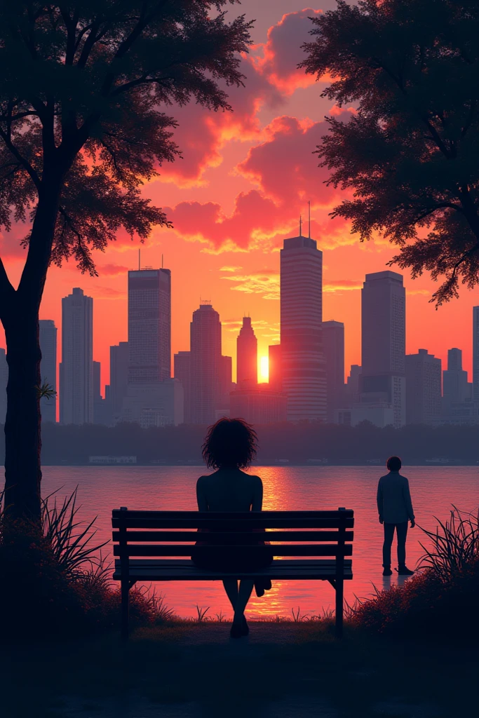 Silhouette of a woman sitting on a city park bench at sunset against the background of buildings and from a distance there is a man looking at the woman