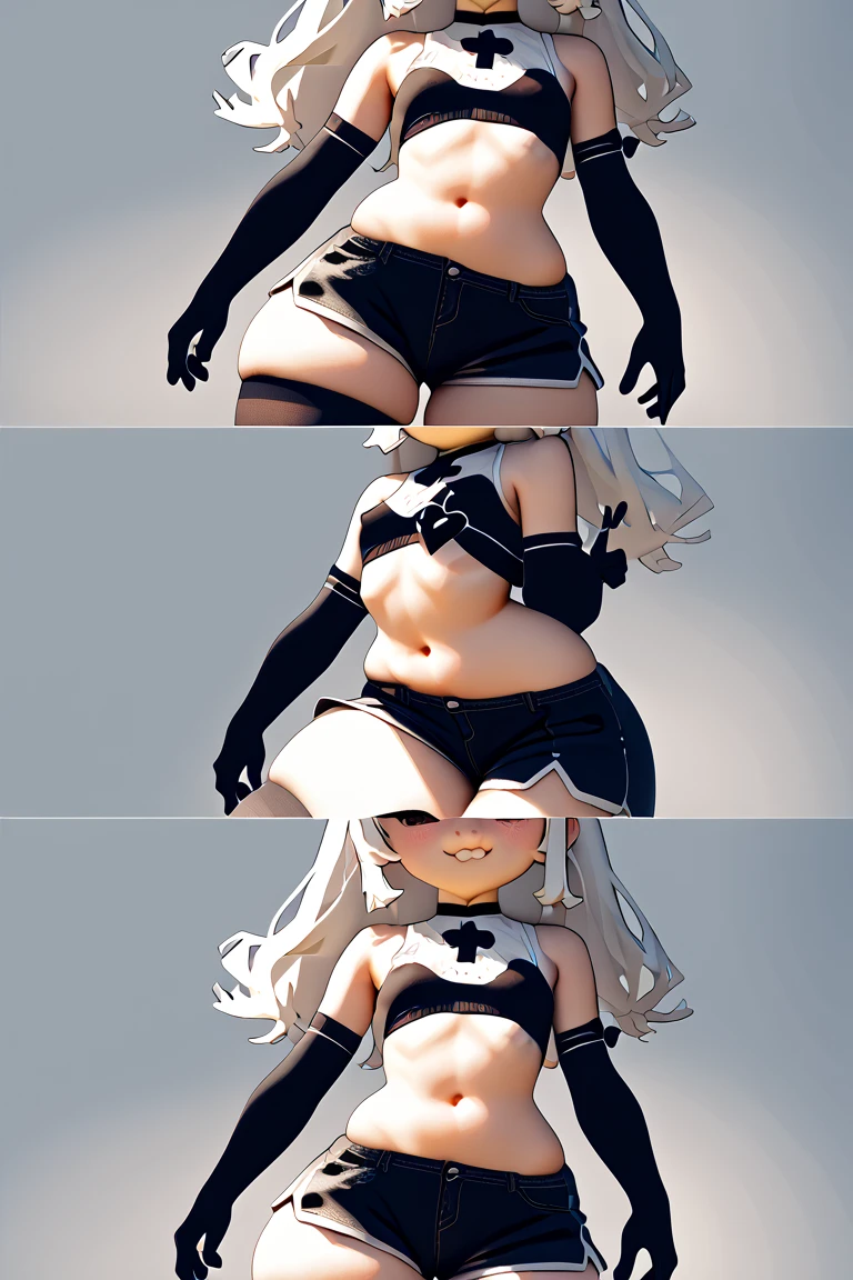 Super detailed、of the highest quality、Better image quality、masterpiece、8k、anime girl、a kind smile、bright blue eyes、curly blonde hair、heavy bangs、Wearing a white headband、(SFW huge body)、(((back view)))、cowboy shot、wearing white thong
