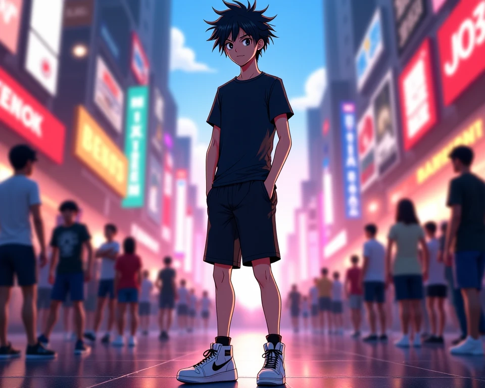 A man with wavy black hair short skinny very tall black shirt and black shorts below the knees and Nike anime white high-top sneakers at a venue