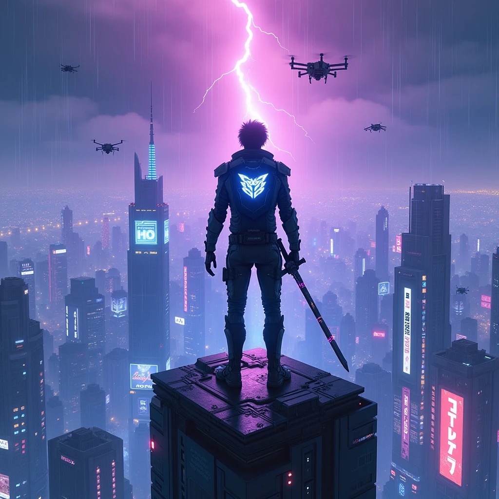 A cyberpunk-themed album cover featuring a lone figure standing triumphantly on top of a neon-lit skyscraper at night, overlooking a sprawling futuristic city with glowing billboards, drones flying, and digital rain. The figure wears a high-tech suit with LED accents, holding a futuristic katana in one hand and a holographic flag in the other. The sky glows with electric purple and blue hues, lightning flickers in the background. The mood is intense, victorious, and cinematic — symbolizing dominance in a high-tech world. Realistic cyberpunk style, wide shot, high detail, album cover composition."