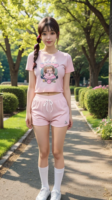 ((Comic quality))I want an 8 year old girl with a red shirt with pink bows and strawberry shorts with short curly hair