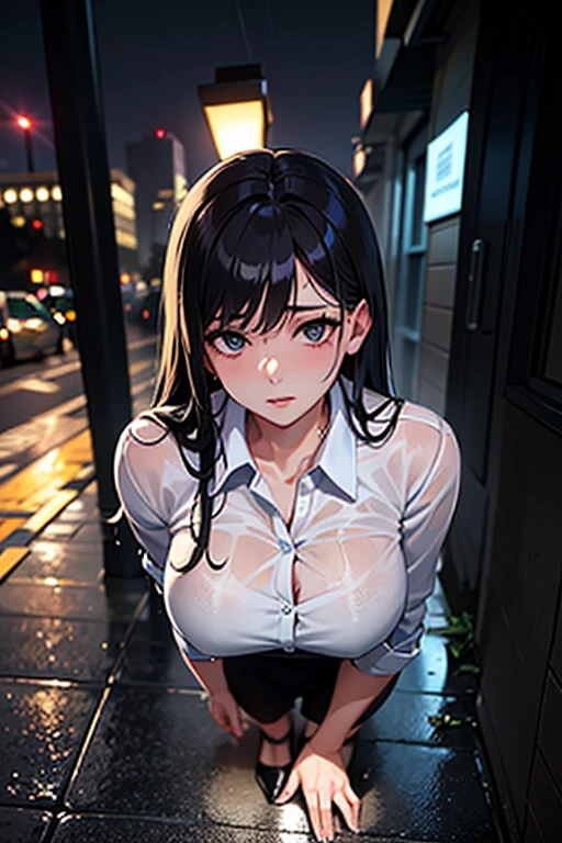 Anime Japanese Woman, a working woman, Black Hair, Long Hair, Low Ponytail, Dark blue eyes, White tight fitting shirt, Black slacks that show off your body lines, Beautiful H-cup breasts, Dark night in the city, They lose the sparkle in their eyes and approach you, doing wall dong, In heat