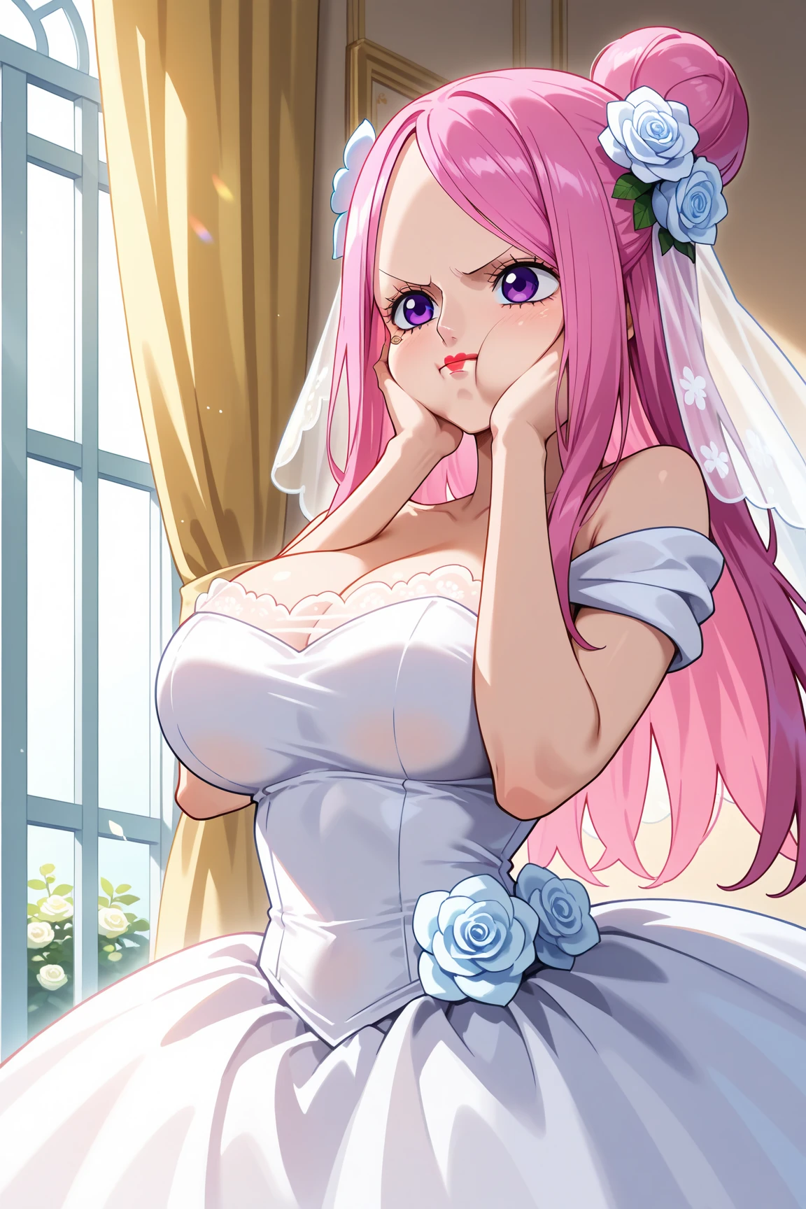 (masterpiece:1.2), (best quality:1.2), bedroom, best illumination, best shadows, cowboy shot, best lighting blue eyes, tiara, pink hair, white dress, large breasts, white stockings, very long hair, (parted bangs:1.2), (forehead:, pink panties, gloves, exposed shoulders, cleavage