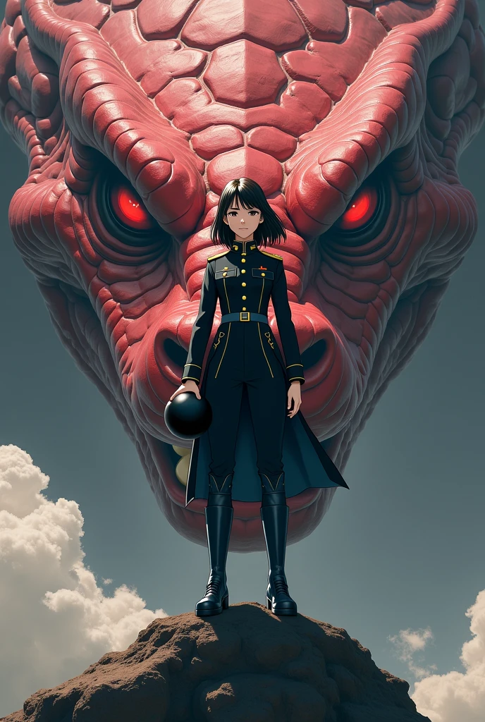 girl 28 years old. In black military uniform. brunette with brown eyes. With a determined face. Stands on the huge head of a red-black snake. Holds a black ball in his palm.  Anime style.