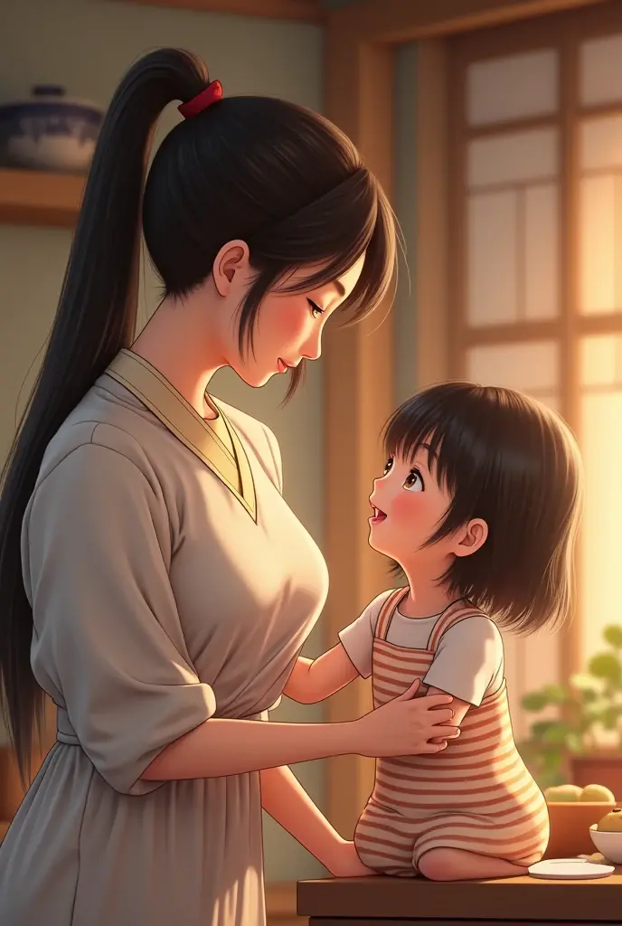 a woman sitting on the floor with a baby, anime style, makoto shinkai art, (makoto shinkai), (makoto shinkai), accurate depiction, beautiful detailed eyes, beautiful detailed lips, extremely detailed face, long eyelashes, intricate detailed clothing, warm lighting, soft colors, detailed background, cinematic composition, subtle emotional expression, delicate brushstrokes, vibrant colors, masterpiece, best quality, 8k, high res, photorealistic