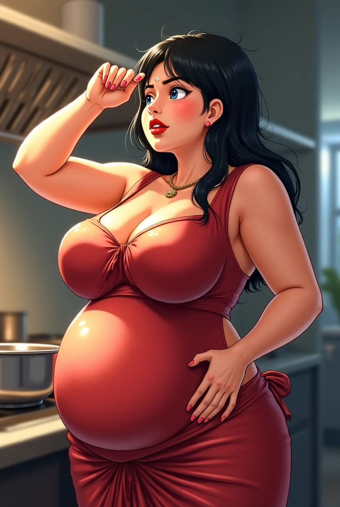Salma Hayek, masterpiece quality, (masterpiece quality:1.3), lots of detail, realistic, 1girl, solo, alone, in a fancy kitchen, lots of bread in background, long hair, wearing choker collar, topless, naked breasts, (naked breasts:1.5), lots of cleavage, wearing black panties, bare legs, sexy pose, big breasts, (big breasts:1.3), fat belly, (fat belly:1.3),