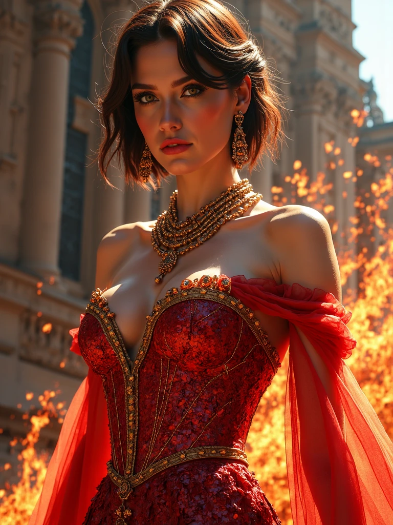 high definition, masterpiece, short hair, shiny hair, goddess of fire and water 
 a woman with huge breasts in a fire corset and a fire dress in front of the building, wearing an  ornate armor belt outfit,  ornate armor belt dress, complicated dress,  elegant flame corset ,  ornate armor belt and elegant, extravagant dress, inspired by Hedi Xandt,  ornate armor belt attire, sophisticated outfit ,  ornate armor belt royal gown,  ornate armor belt clothing,  ornate armor belt gown,  intricate and elegant , sophisticated detailed dress,  ornate armor belt , royal dress,  Detailed handmade , detailed finger, masterpiece, better quality:1.2),,(8 k,high definition,RAW photo,realistic,photo-realistic:1.3),(detailed skin texture,detailed fabric texture, detailed flame texture , Beautiful Detailed Face:1.25),professional lighting,photon mapping,Beautiful soft light,radio glow,rendering on a physically correct basis,ray tracing, model shooting style , model shooting style , (extremely detailed CG unity 8 k wallpaper),  full body shot of the most beautiful work in the world ,