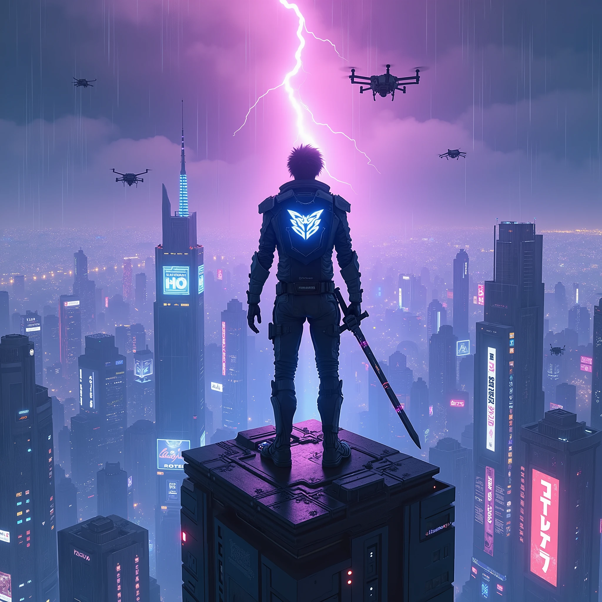 A cyberpunk-themed album cover featuring a lone figure standing triumphantly on top of a neon-lit skyscraper at night, overlooking a sprawling futuristic city with glowing billboards, drones flying, and digital rain. The figure wears a high-tech suit with LED accents, holding a futuristic katana in one hand and a holographic flag in the other. The sky glows with electric purple and blue hues, lightning flickers in the background. The mood is intense, victorious, and cinematic — symbolizing dominance in a high-tech world. Realistic cyberpunk style, wide shot, high detail, album cover composition."