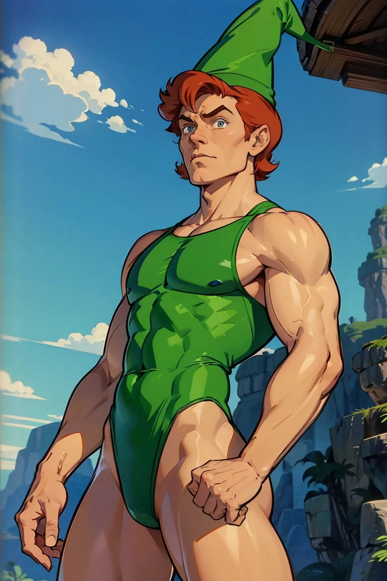 a redhead cartoon character dressed in a green leotard, very muscular, a young male wizard, 1980s cartoon, animated episode still, Presto (((mad)))