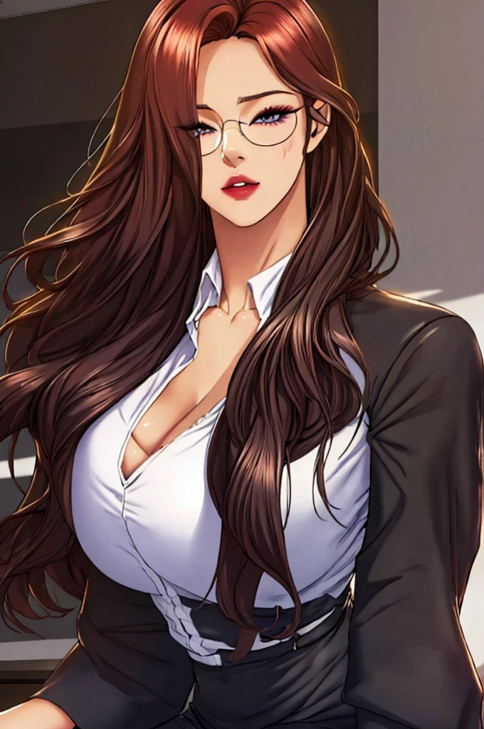 1girl, black background, blue eyes, brown hair, cleavage, collarbone, eyewear removed, glasses, hair behind ear, holding, holding eyewear,huge breasts,solo, jacket, jewelry,mature female,shiny,shiny skin,oda non