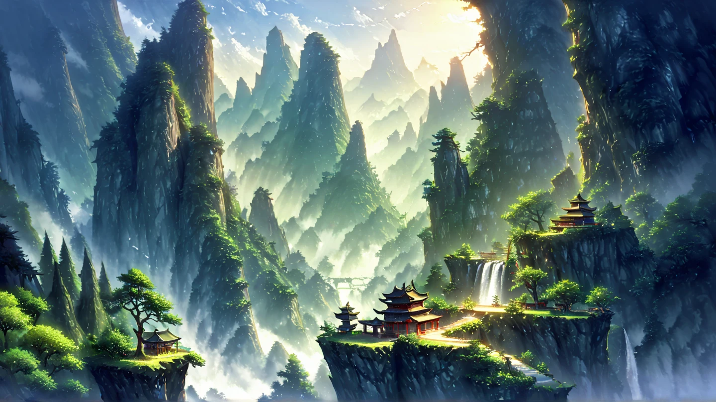 mountains with a small red building on top of them, by Cheng Jiasui, chinese landscape, by Yuan Jiang, an amazing landscape image, zhangjiajie in early morning, by Liu Haisu, by Raymond Han, breathtaking mountains, by Xia Yong, floating mountains, incredibly beautiful, by Ren Xiong, zhangjiajie national forest park