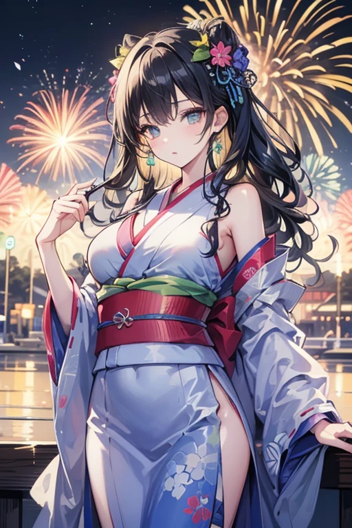 Takada Rokka, Black Hair, blue eyes, Long Hair, orange Scrunchie, Scrunchie, wrist Scrunchie, single hair band,White Kimono,Thick sleeves,Sandals,日本のfestival,夏festivalの屋台,Red lantern,happy smile, smile, Open your mouth,Fireworks,The place is a fireworks display、Time is night,Walking,whole bodyがイラストに入るように,
break outdoors, festival,
break looking at viewer, whole body,(Cowboy Shot:1. 5),
break (masterpiece:1.2), Highest quality, High resolution, unity 8k wallpaper, (shape:0.8), (Fine and beautiful eyes:1.6), Highly detailed face, Perfect lighting, Highly detailed CG, (Perfect hands, Perfect Anatomy),